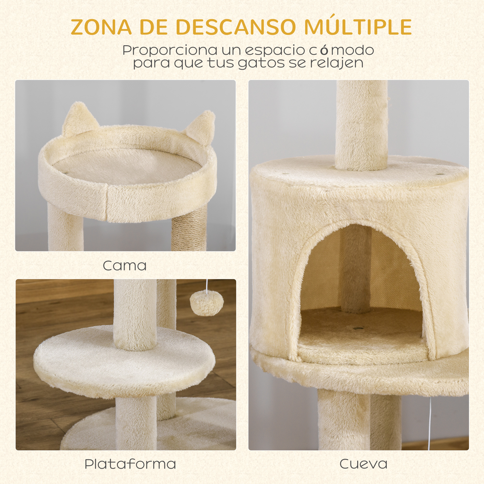 Árbol para gatos beige con múltiples plataformas, una cueva y una cama superior. Texto en español.