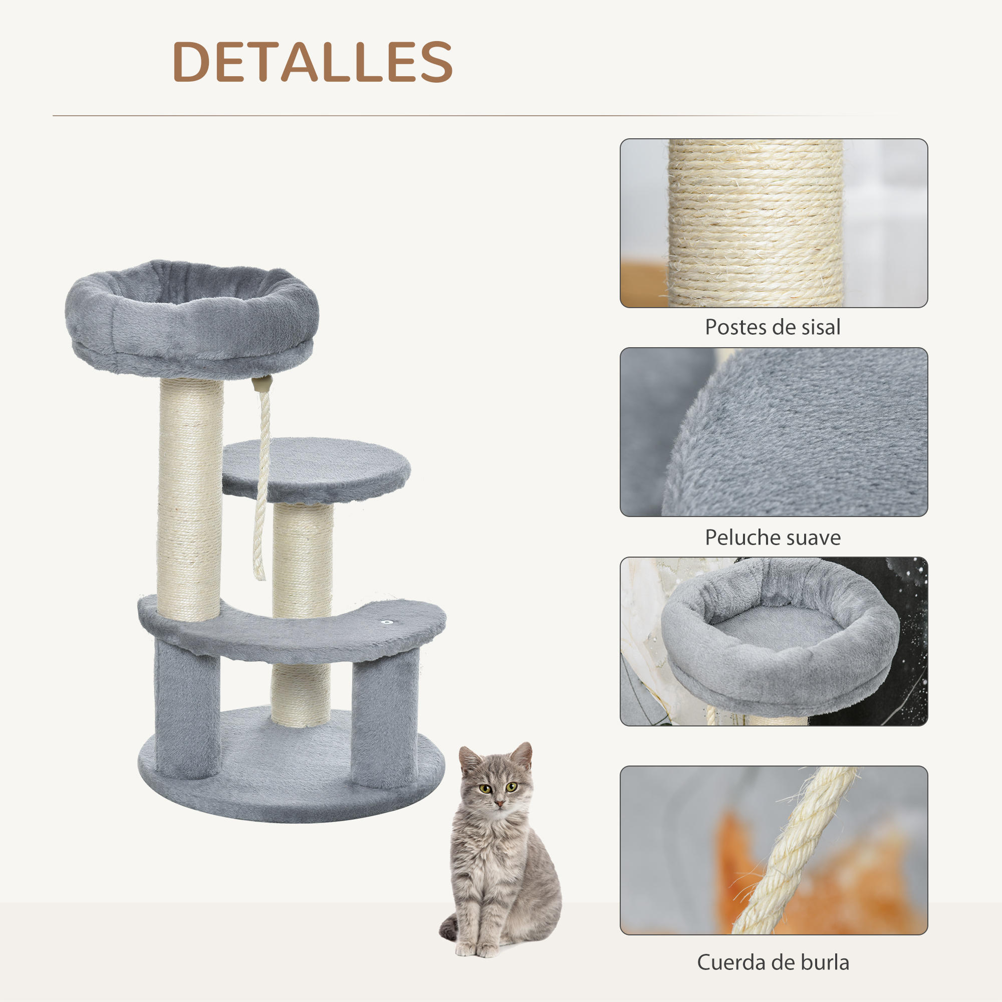 Detalles de árbol para gatos con postes rascadores, gato y cama de felpa suave, primeros planos.