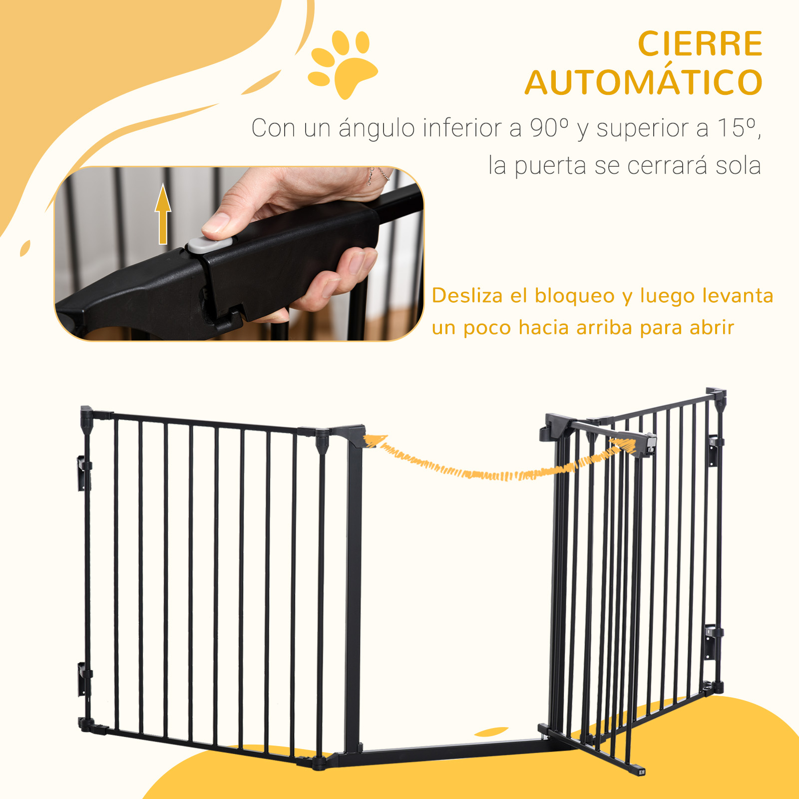 Una puerta de seguridad para bebés negra con un mecanismo de cierre automático, con instrucciones y un primer plano de la cerradura.