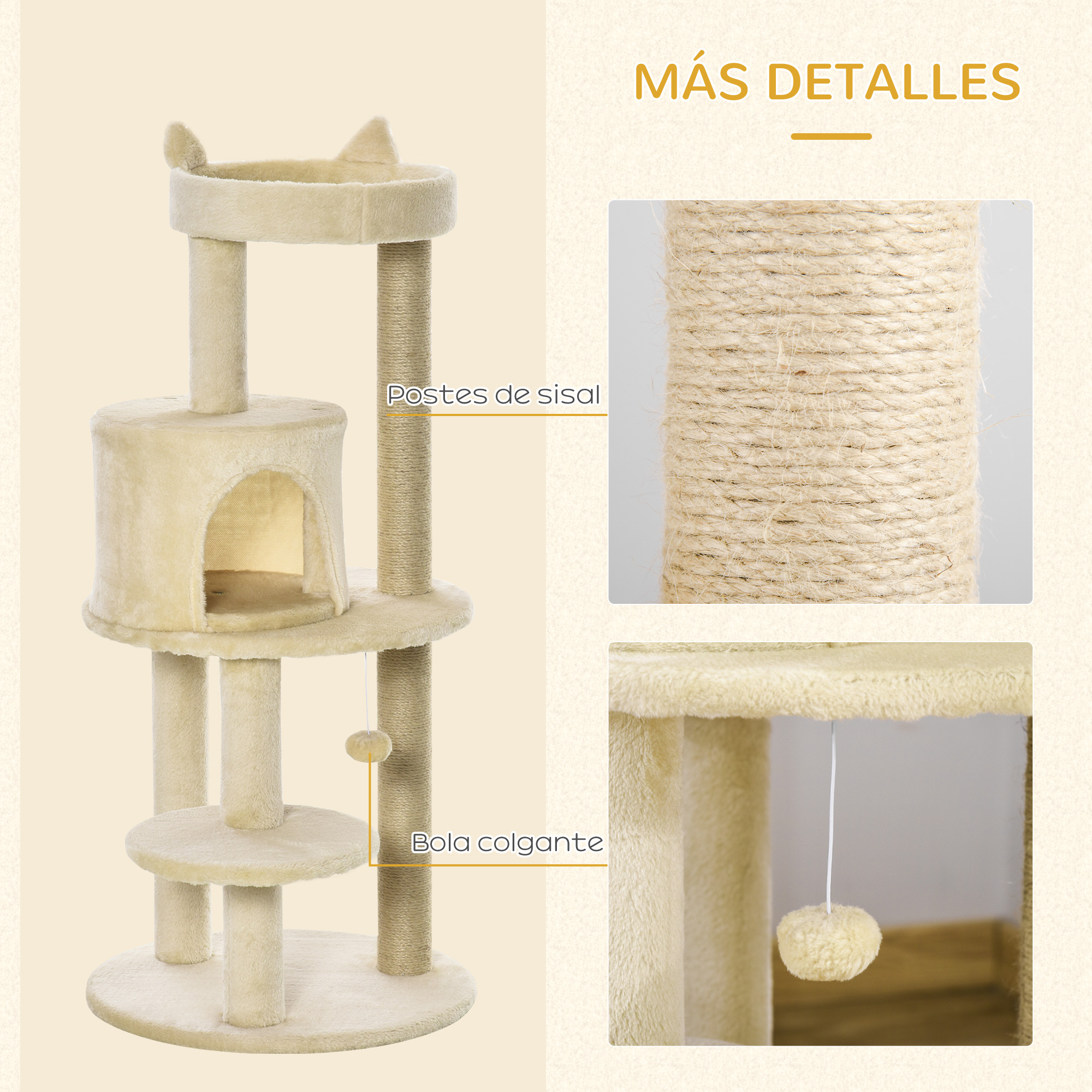 Árbol para gatos con múltiples niveles, postes de sisal y una bola colgante, con detalles de los postes y la bola.