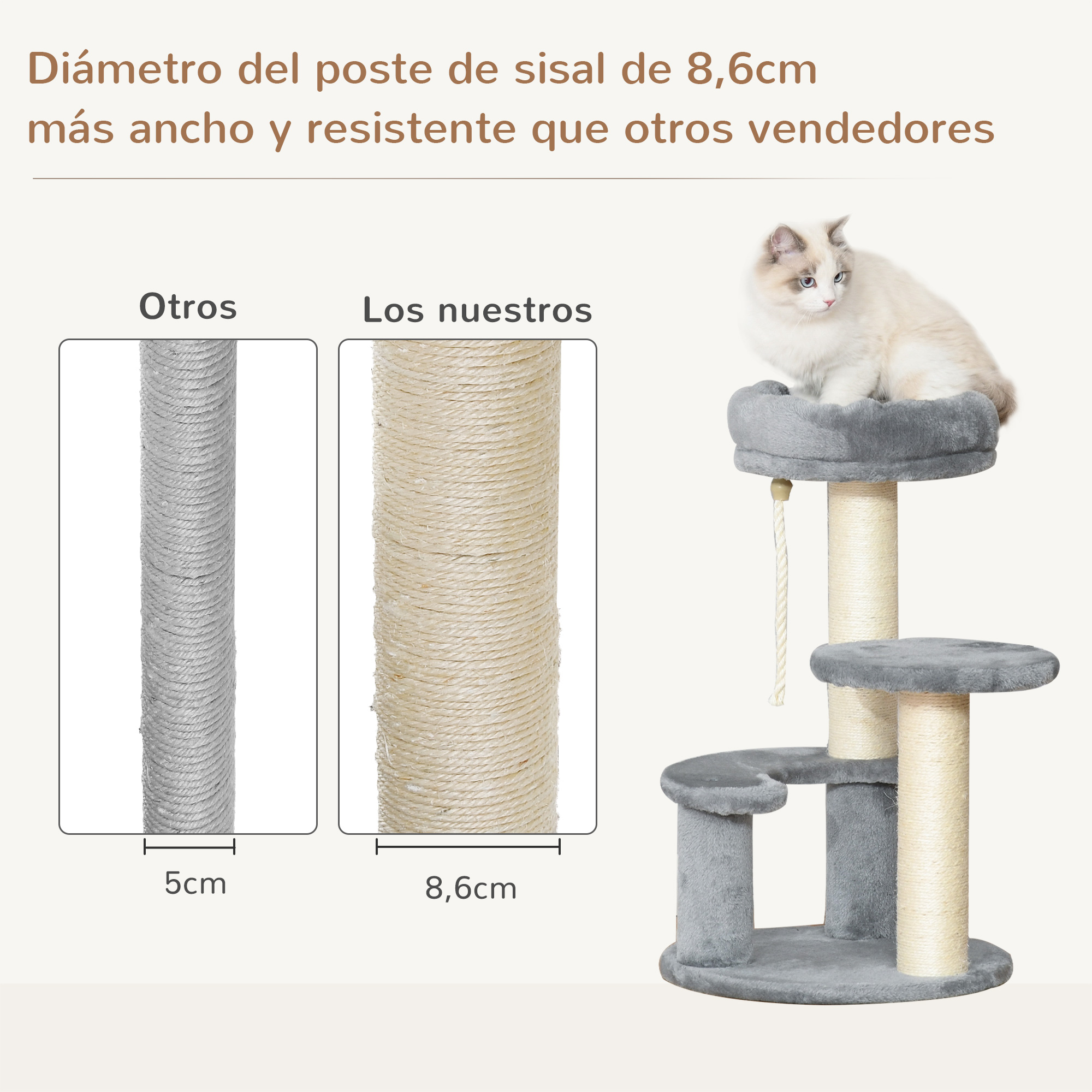 Un rascador para gatos. Dos columnas muestran el grosor del sisal. Un gato está encima del poste.