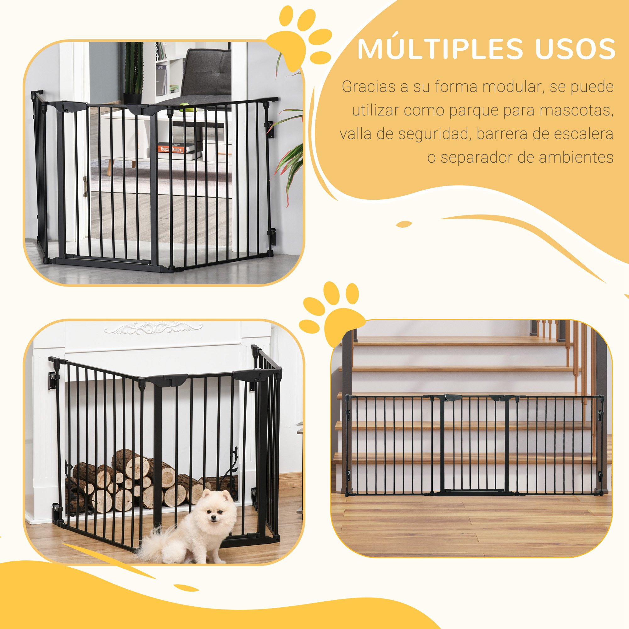 Múltiples puertas para mascotas en diferentes entornos. Una puerta está abierta. Una tiene un perro.