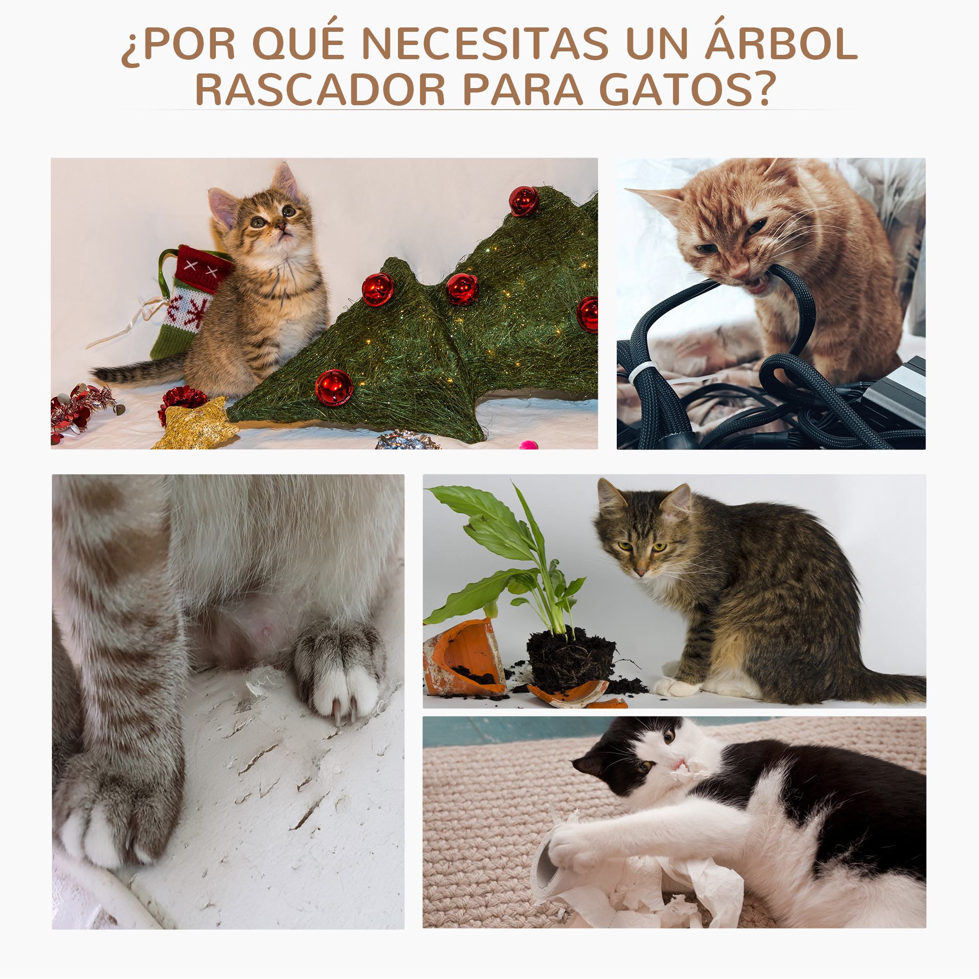 Gatos interactuando con objetos. Uno muerde cables, otro un árbol de Navidad. Garras de gato en la superficie.