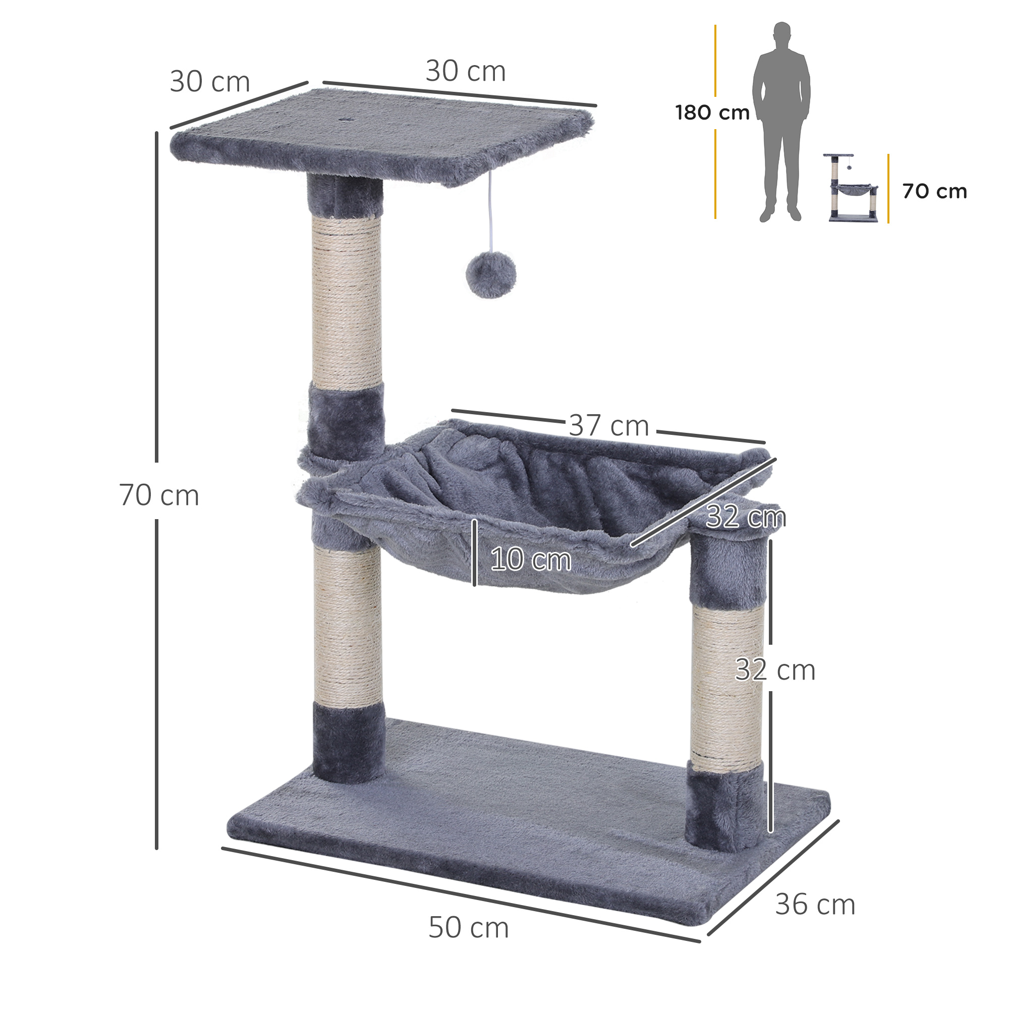 Dimensiones del árbol para gatos. El árbol tiene base, hamaca y plataforma superior. Medidas en cm.