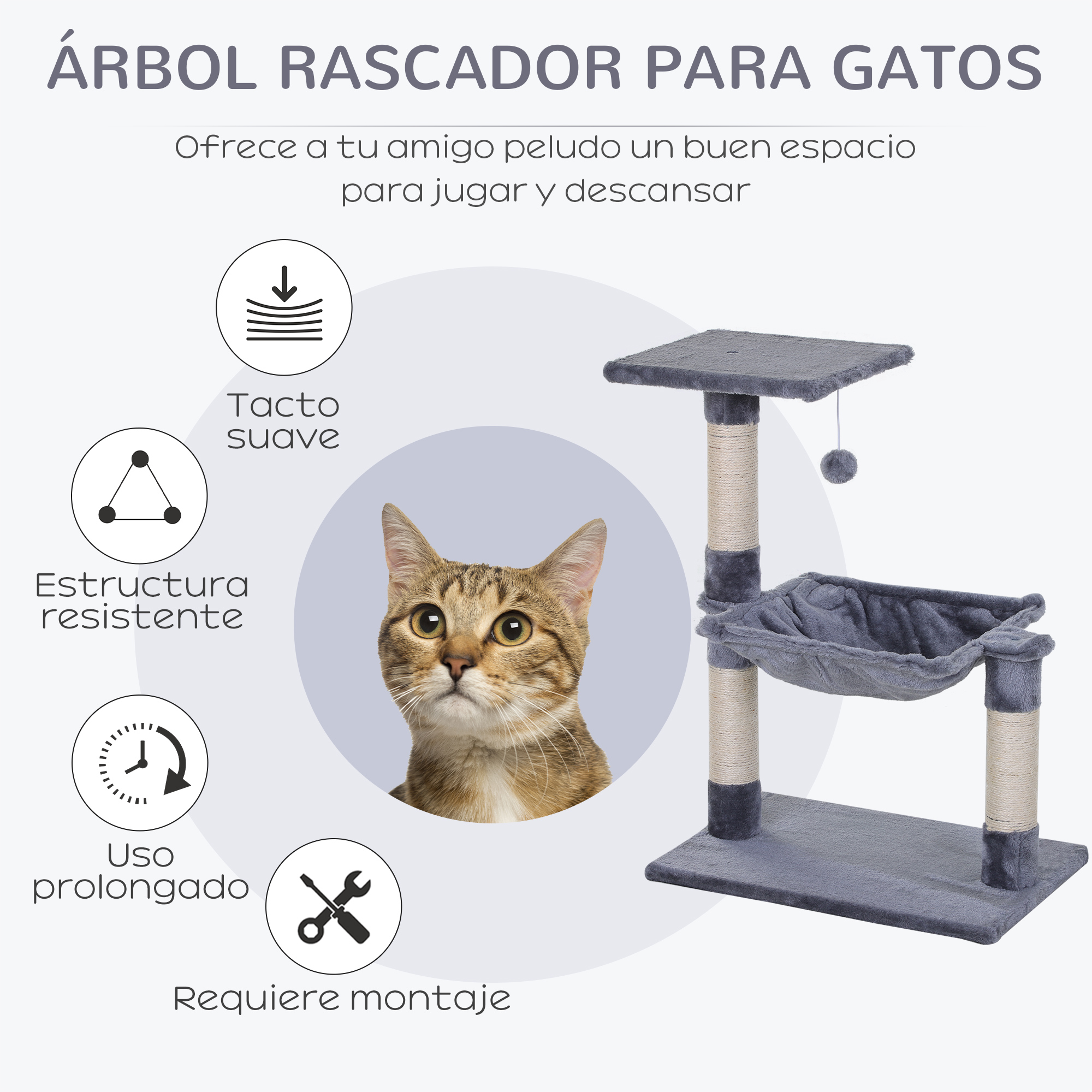 Árbol rascador con foto de gato. Tiene una plataforma, una hamaca y postes rascadores. El gato es marrón y blanco.