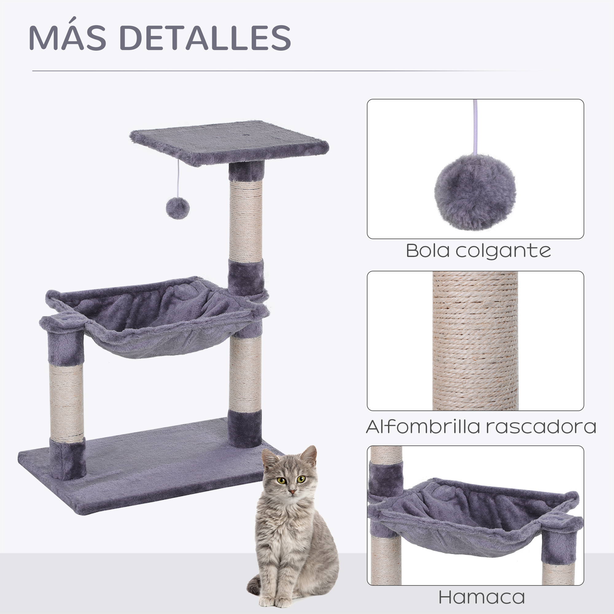 Árbol para gatos con hamaca, rascador y un gato sentado junto a él.