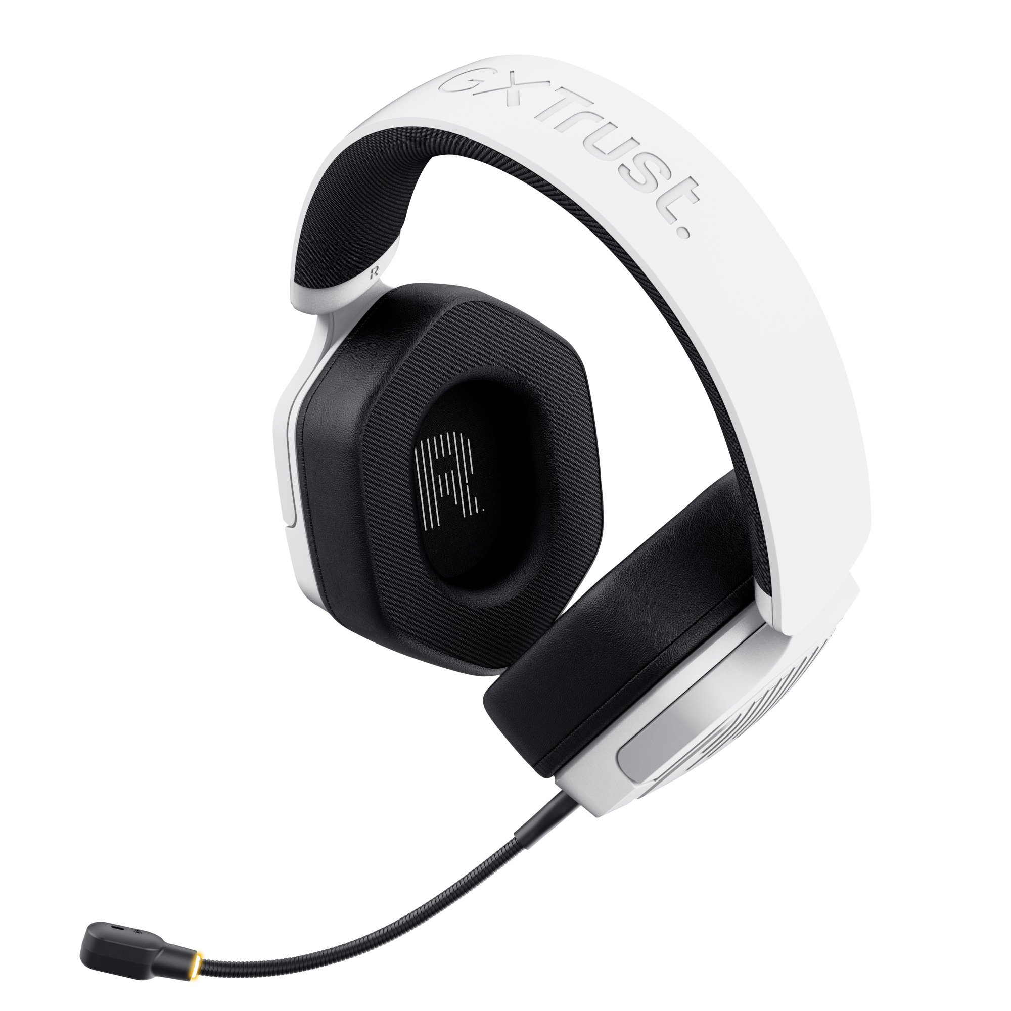 Witte en zwarte gamingheadset met een microfoon.
