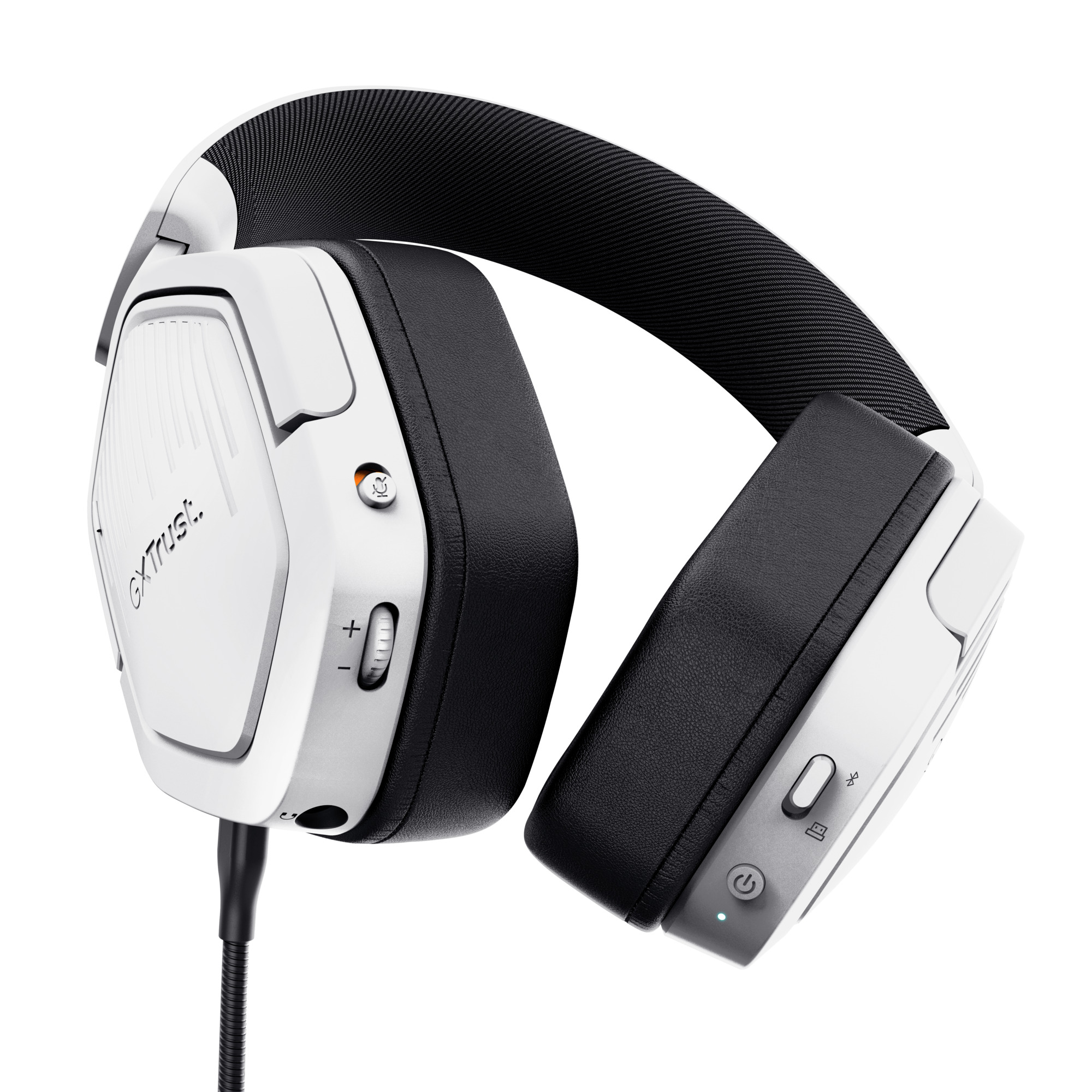 Witte en zwarte headset met bedieningselementen op de oorschelpen en een microfoon. Het is schuin.