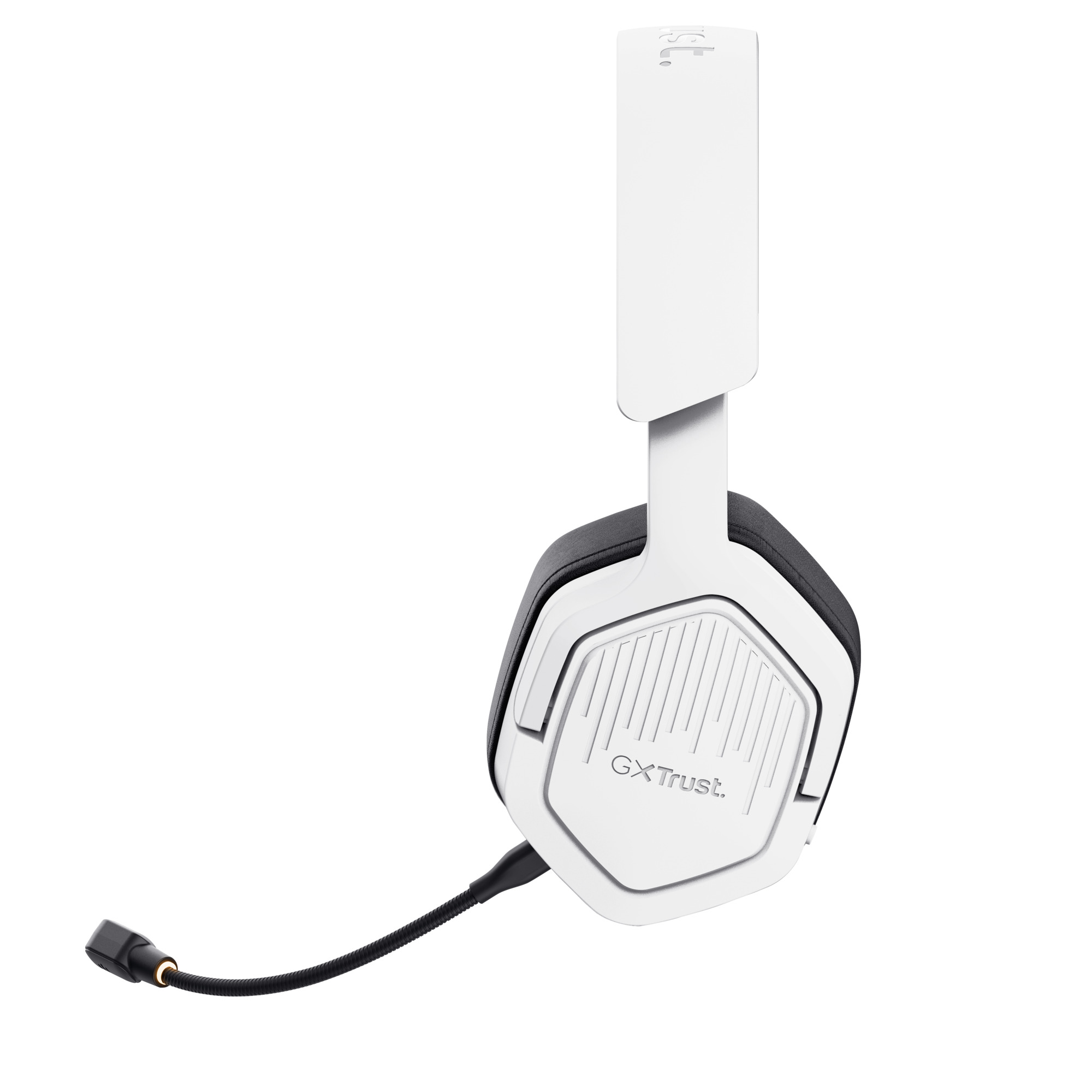 Wit en zwarte gaming headset, schuin, met een microfoon en het GX Trust logo.
