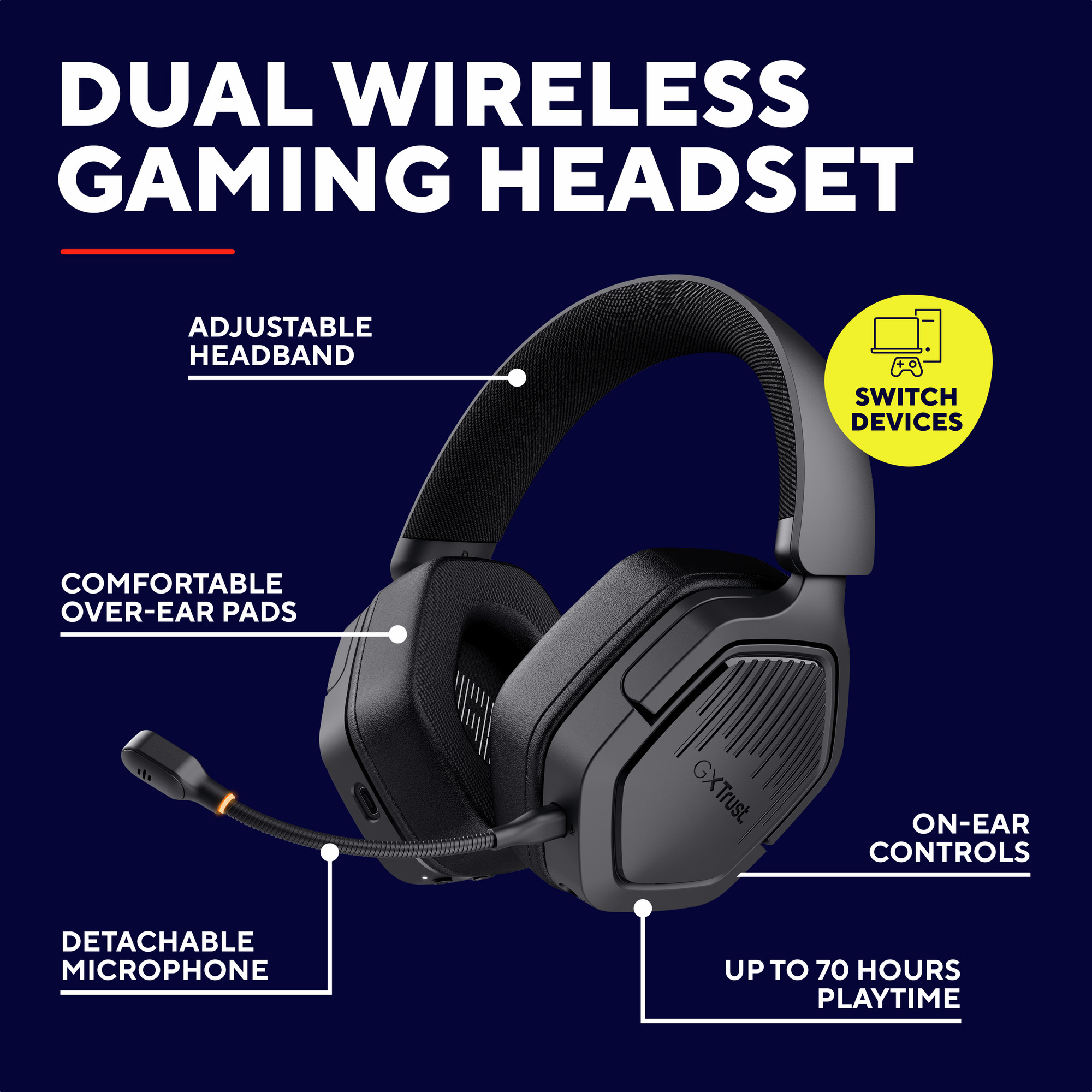 Zwarte gamingheadset met verstelbare hoofdband, afneembare microfoon en on-ear bediening.
