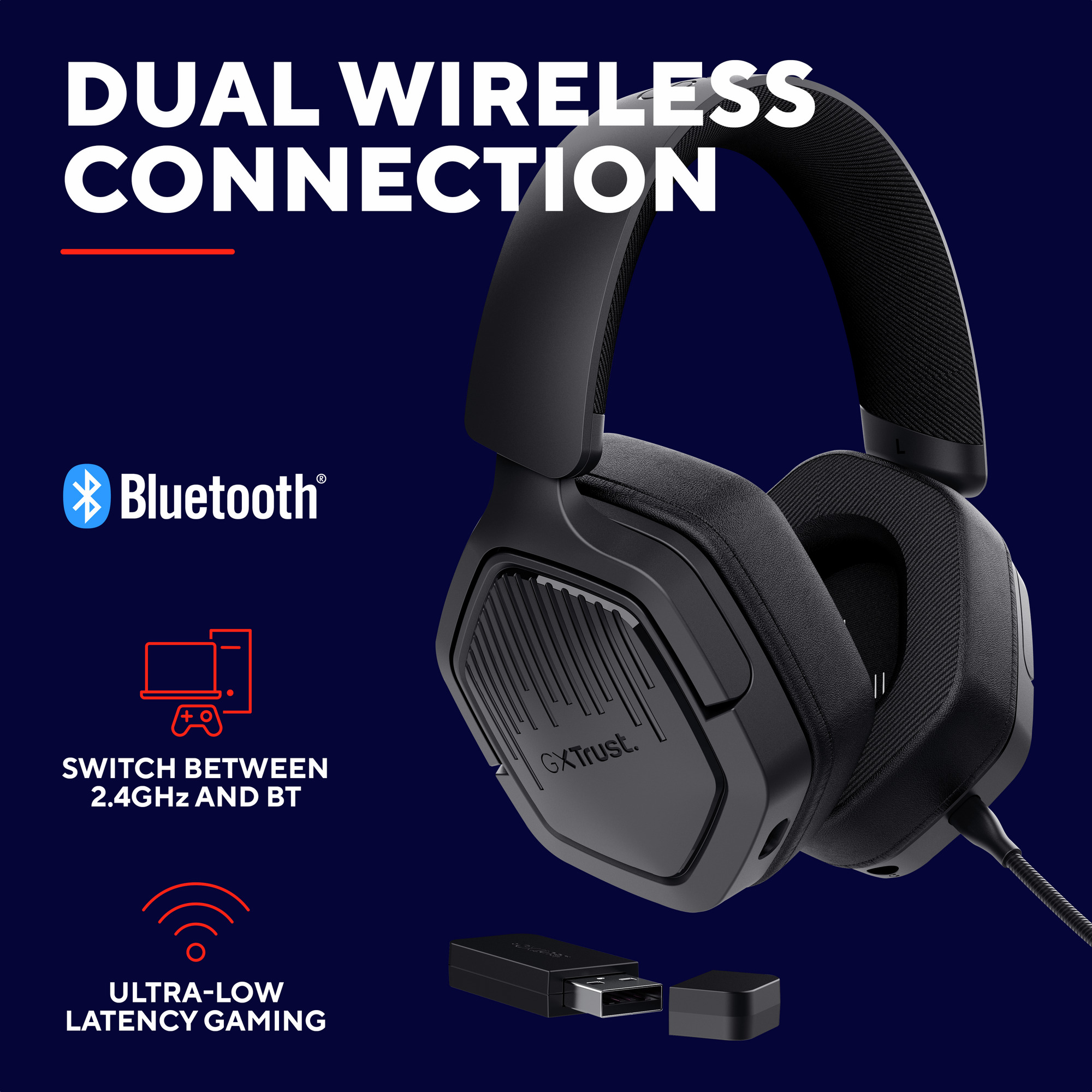 Zwarte draadloze gamingheadset met een USB-ontvanger. Tekst: 'Dual Wireless Connection'.