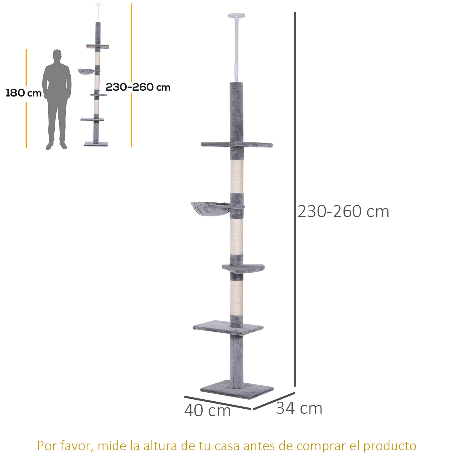 Árbol para gatos alto con dimensiones etiquetadas y una silueta de persona como escala.