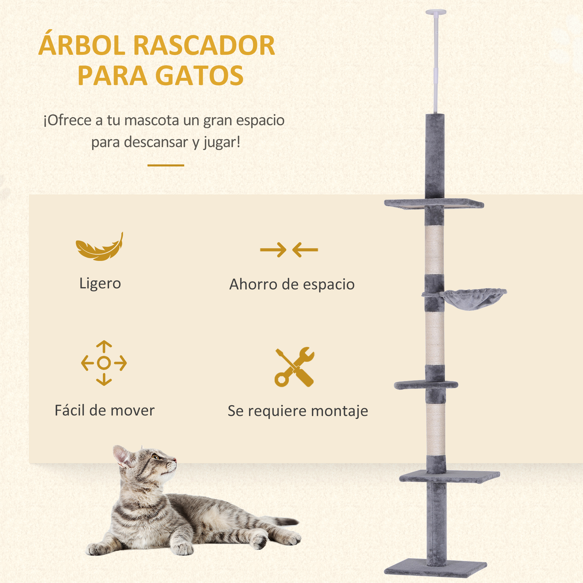 Árbol para gatos con postes rascadores, plataformas y un gato acostado, con iconos sobre características.