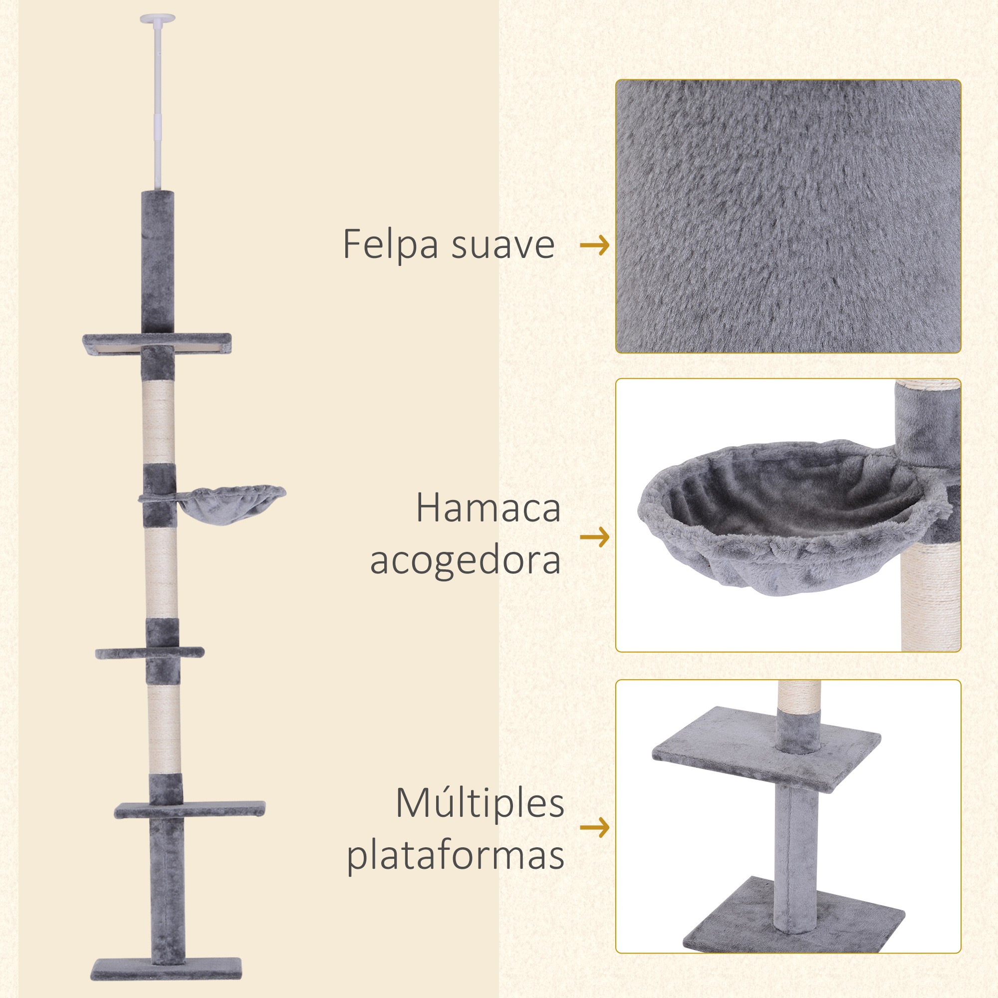 Un árbol para gatos alto con múltiples plataformas, una hamaca y una cubierta gris suave.