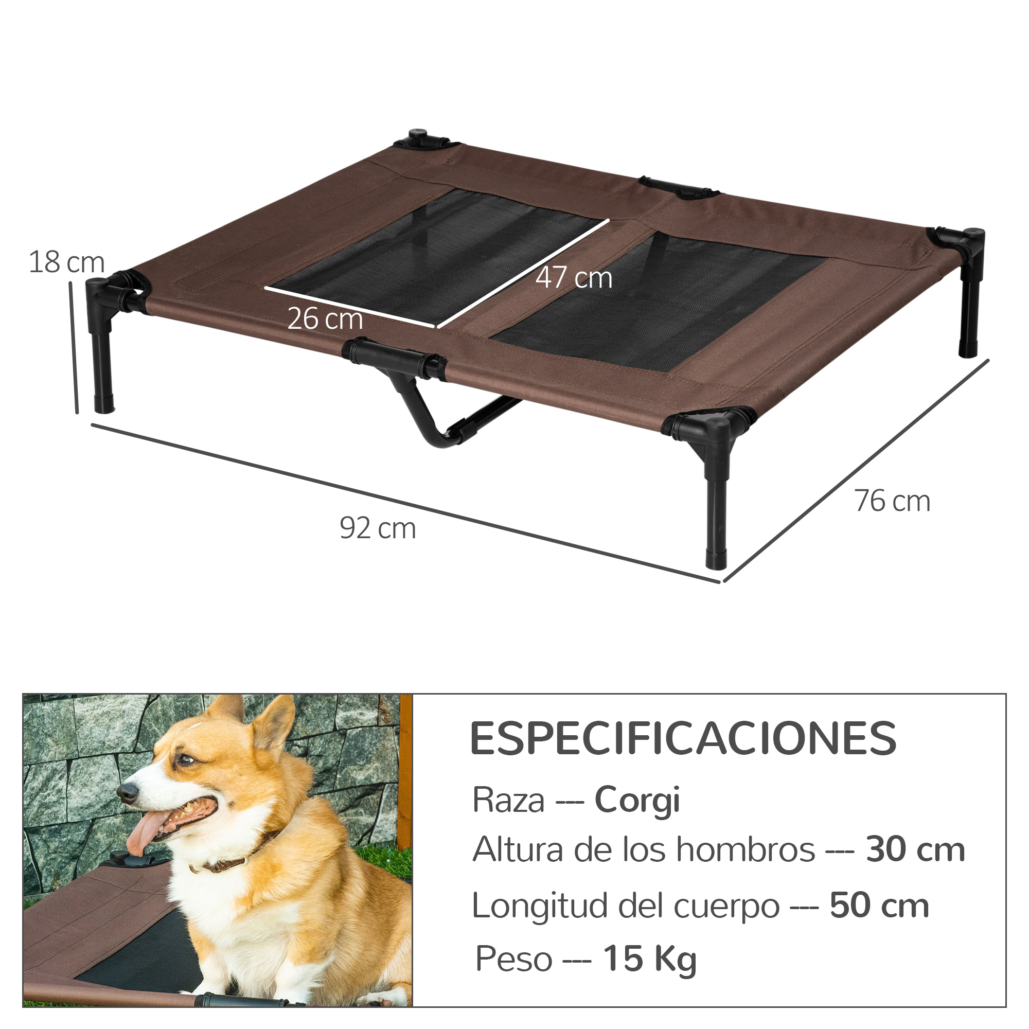 Cama elevada marrón para mascotas con dimensiones e imagen de perro Corgi con especificaciones en español.
