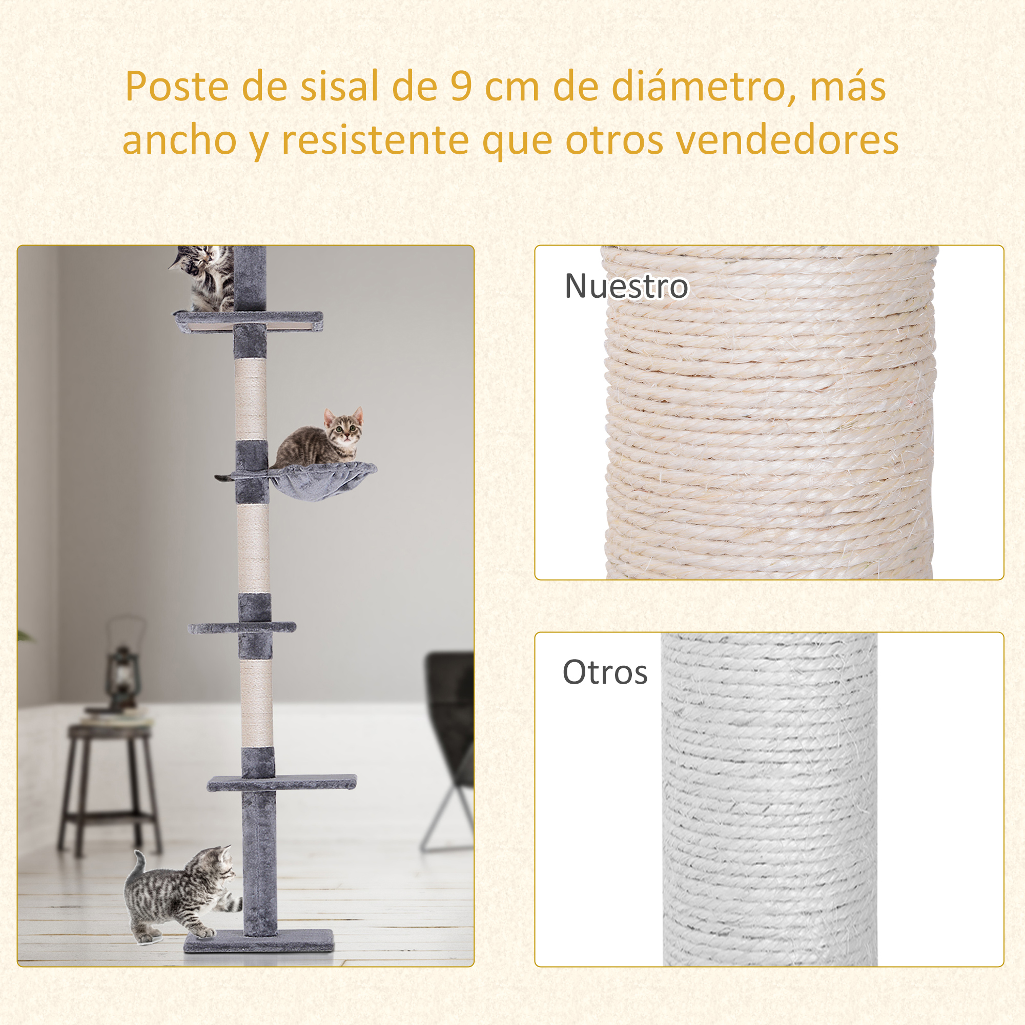 Un árbol para gatos con múltiples plataformas, un poste rascador y gatos jugando.