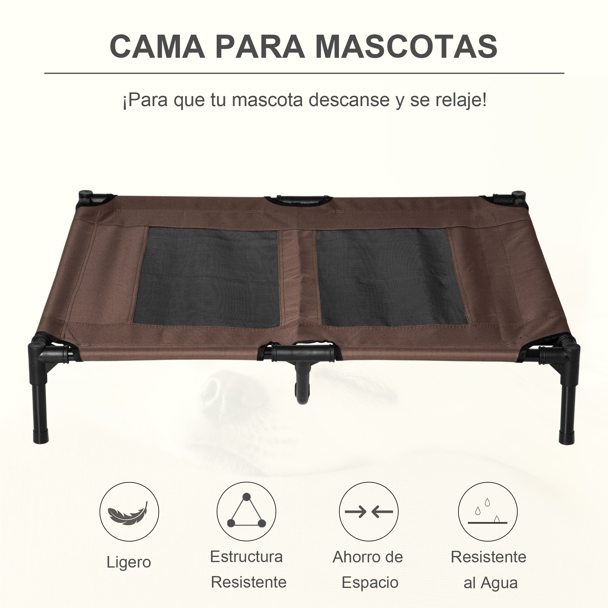 Cama para mascotas marrón con patas negras, dos secciones de malla e iconos de ligero, resistente, ahorro de espacio y resistente al agua.