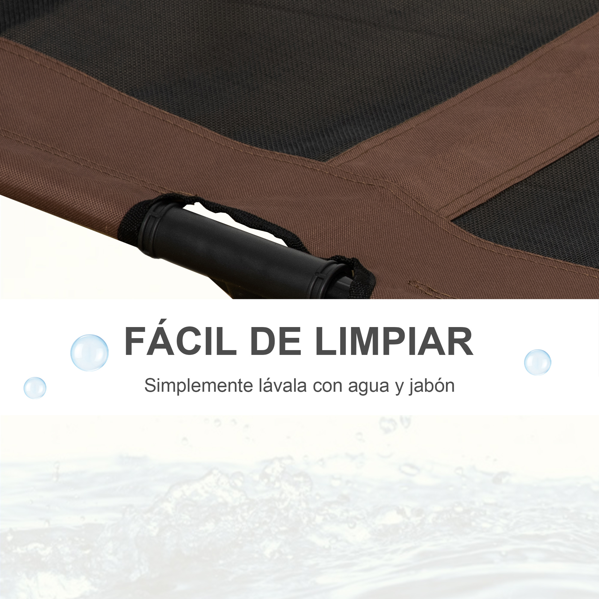 Primer plano de una tela de cama para mascotas marrón y negra. Texto: FÁCIL DE LIMPIAR.