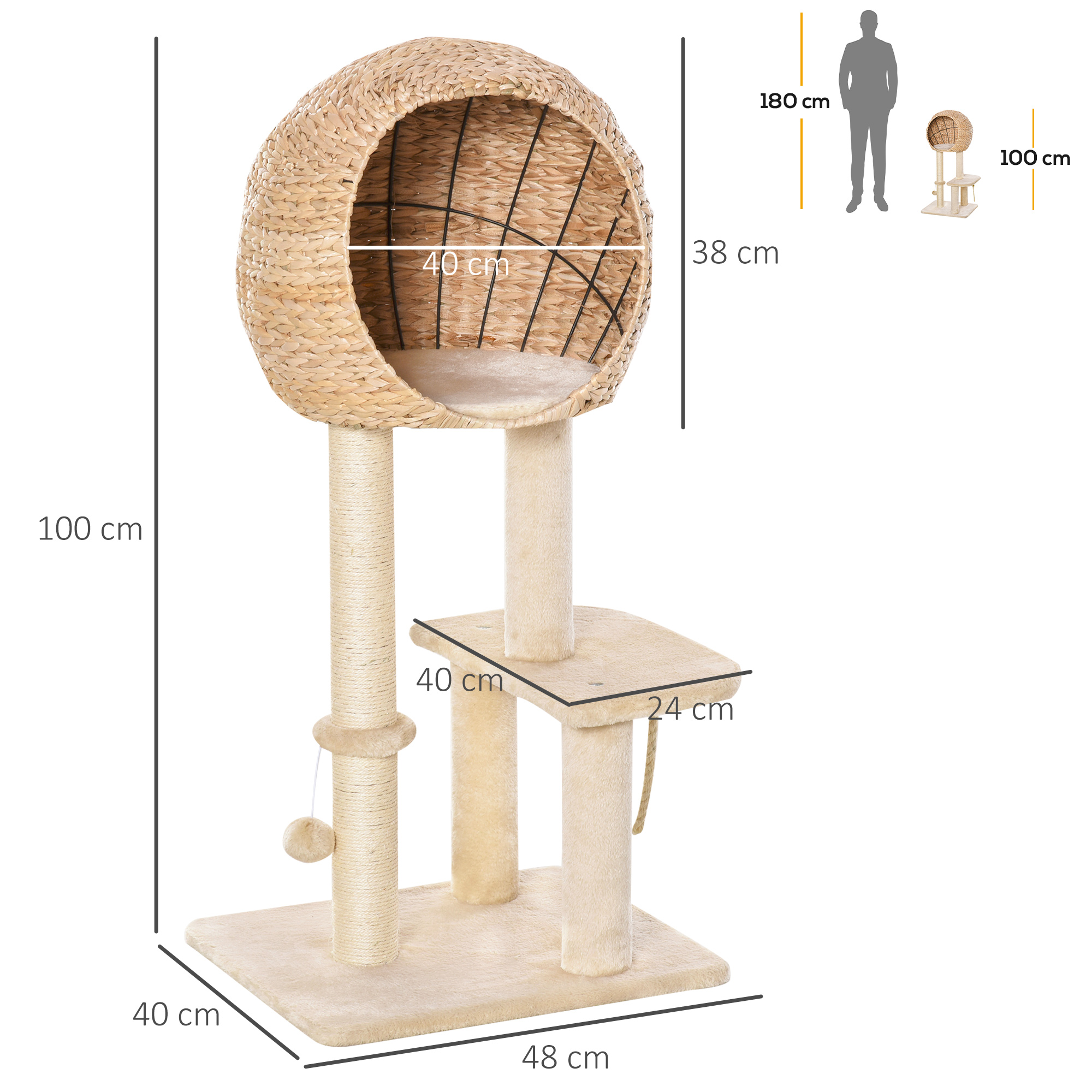 Ein beiger Katzenbaum mit Maßen, Personenvergleich und Katze in einem kreisförmigen Bett.