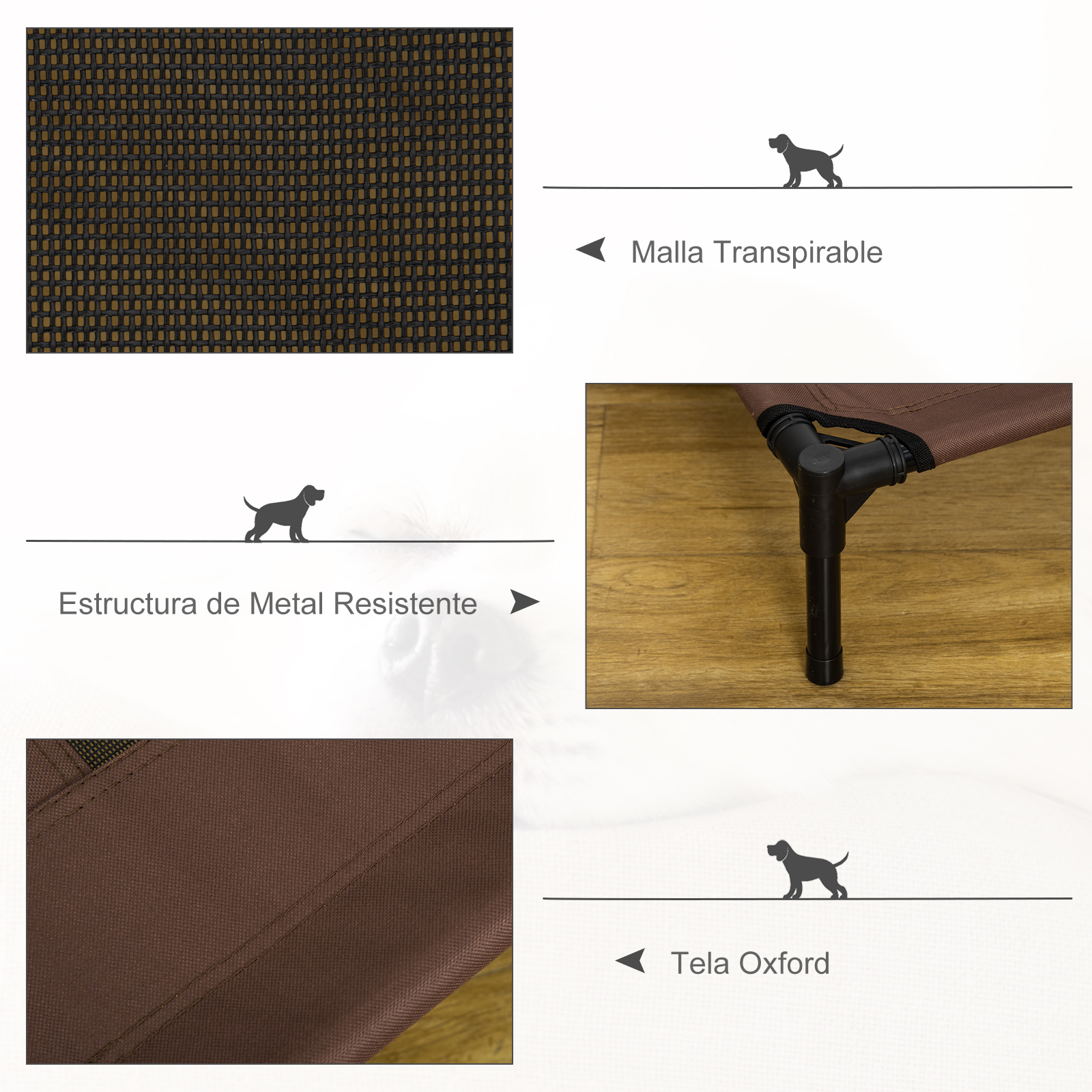 Detalles de la cama para perros: malla, marco de metal y tela Oxford.