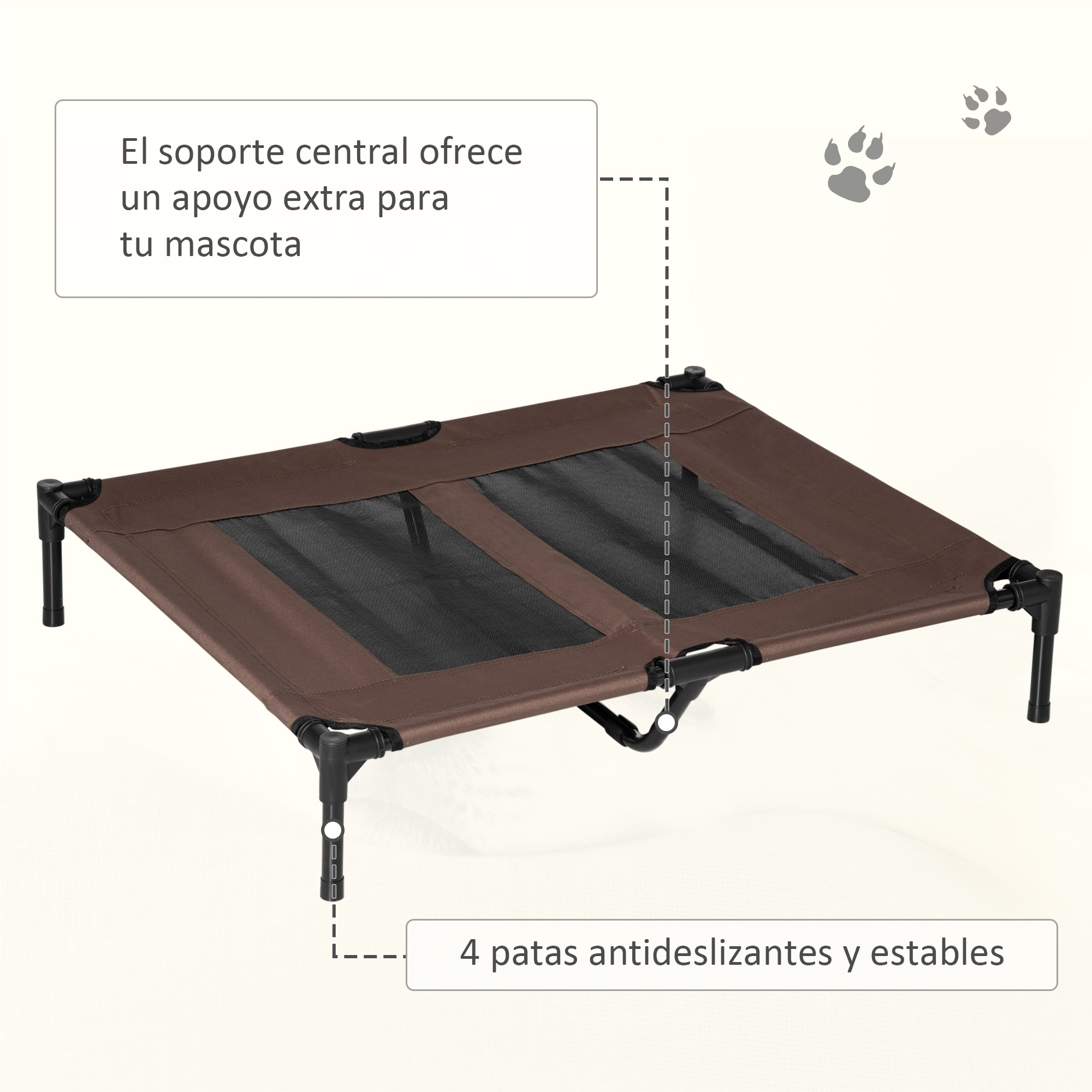Cama marrón para mascotas con patas negras y centro de malla, con una etiqueta de texto.