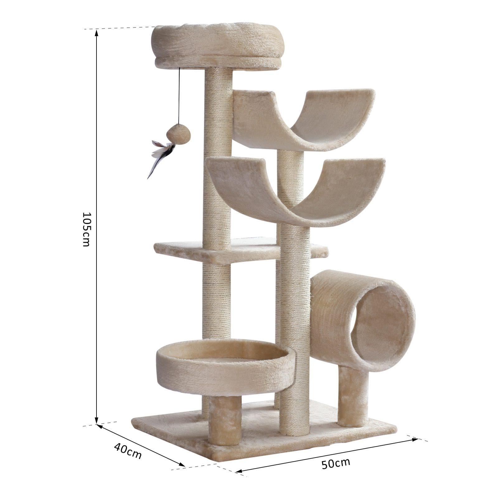 Un árbol para gatos beige con múltiples plataformas, un túnel y dimensiones en cm.
