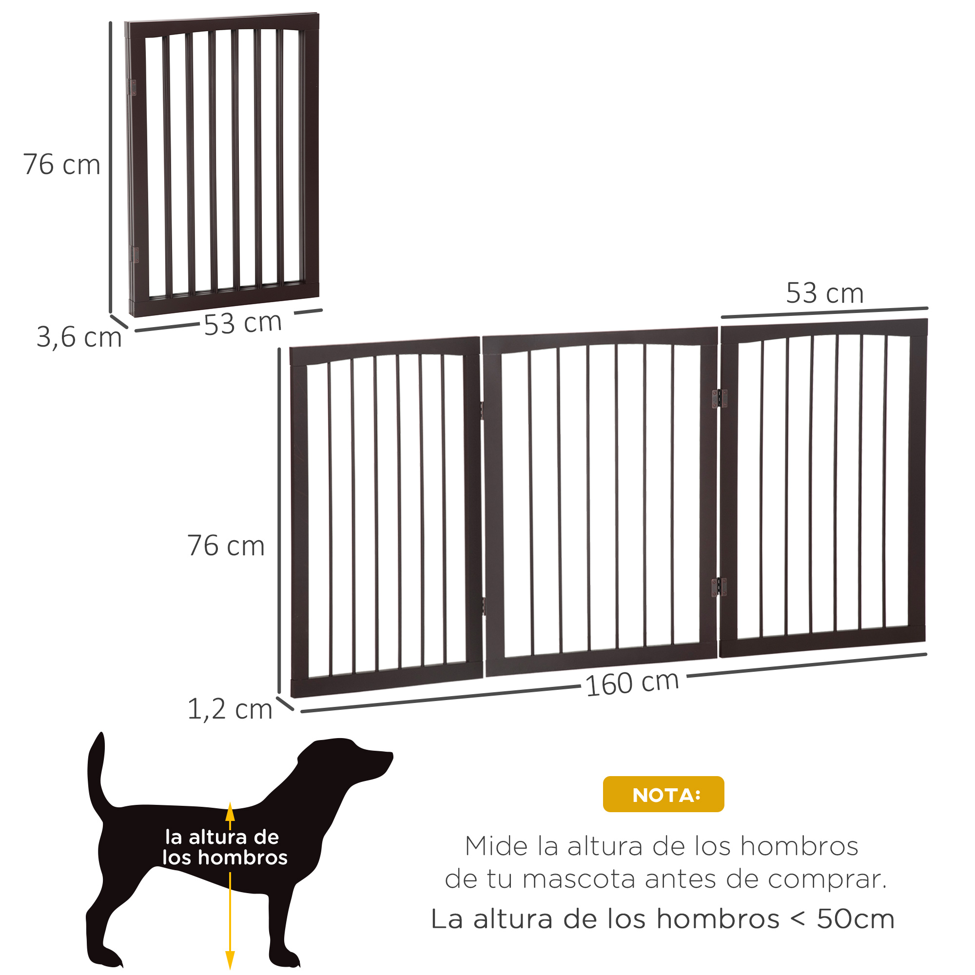 Puerta para mascotas marrón, abierta y cerrada, con dimensiones y silueta de perro para referencia.