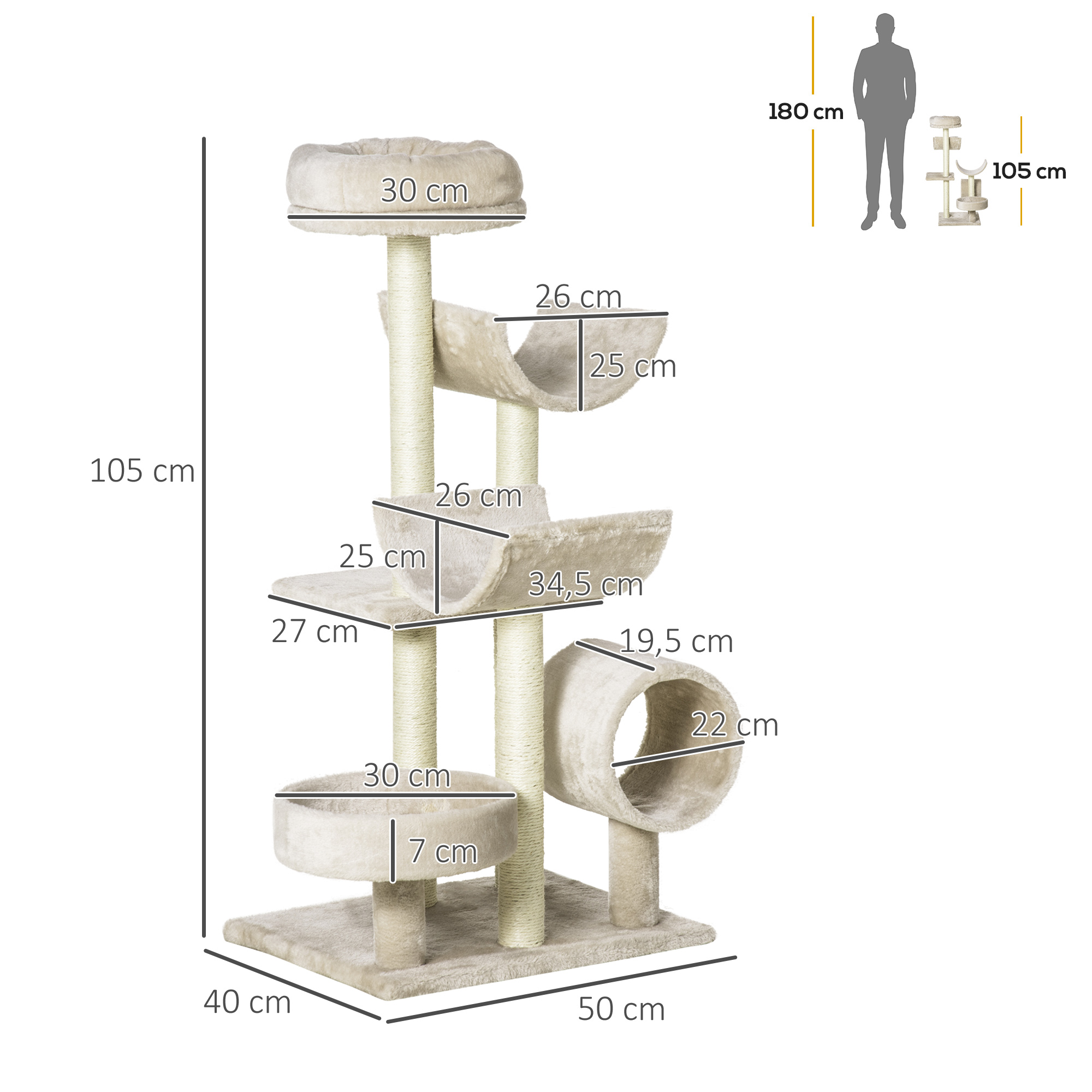Árbol para gatos beige con plataformas, un túnel y dimensiones. Una persona se muestra como escala.