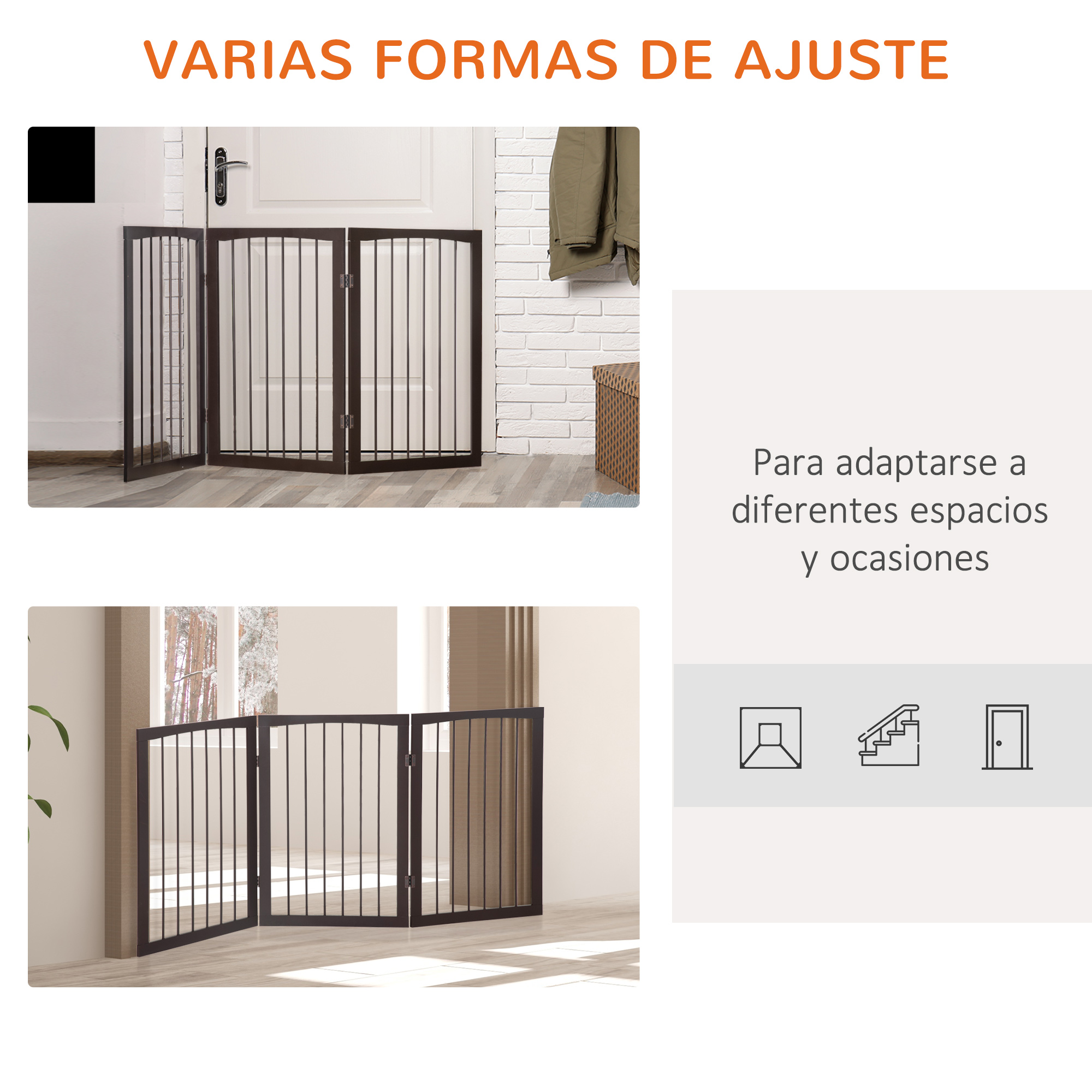 Puerta para mascotas ajustable en múltiples configuraciones, mostrando varias opciones.