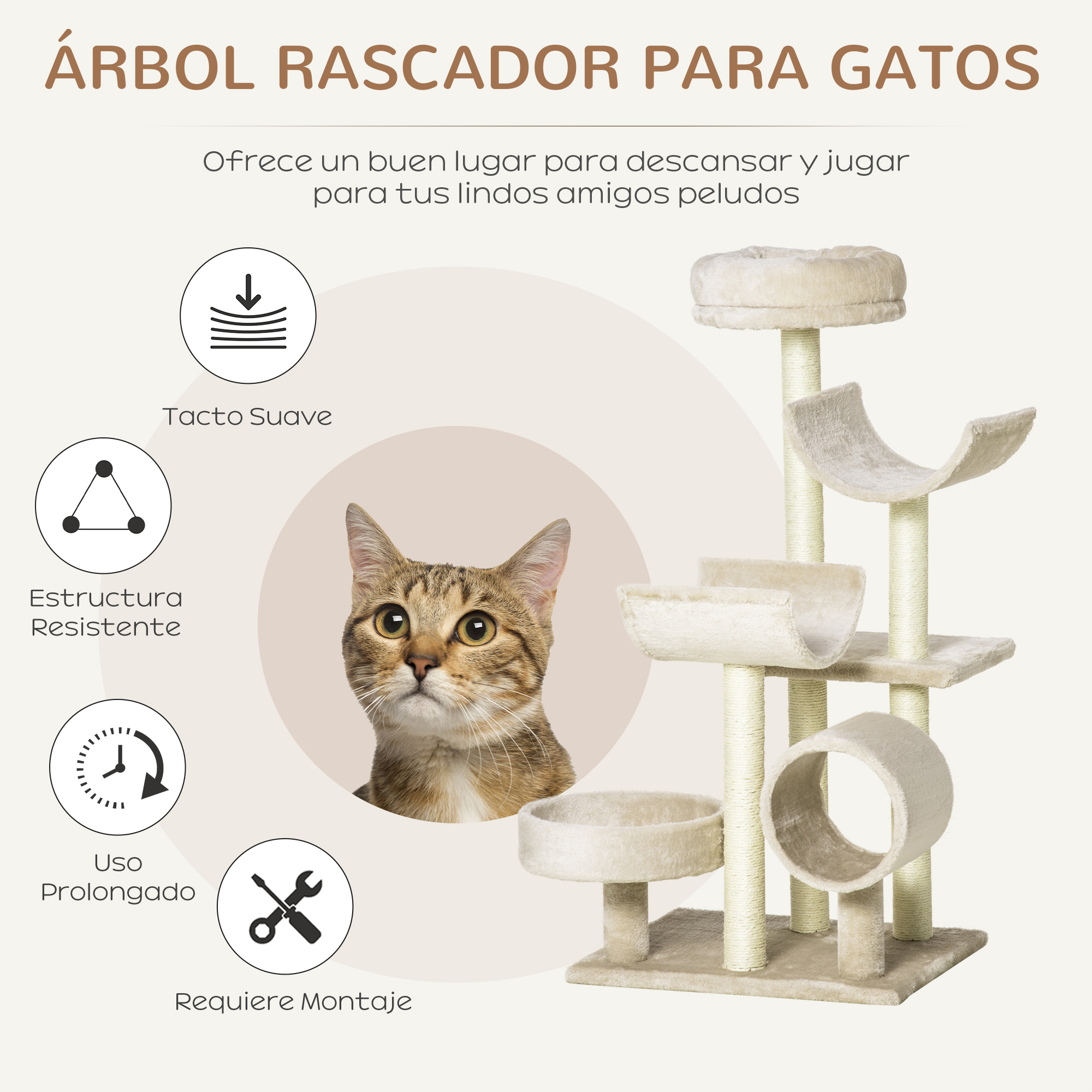 Un rascador para gatos con un retrato de gato e iconos alrededor.