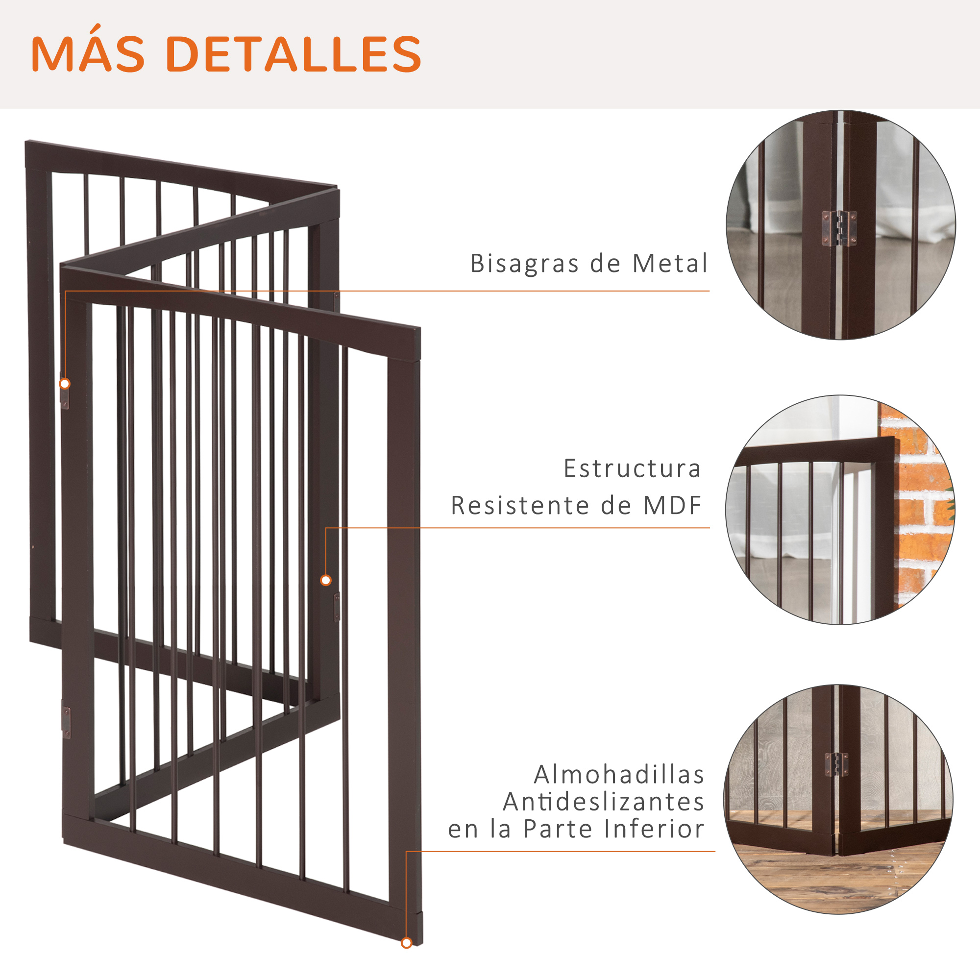 Puerta marrón para mascotas con bisagras metálicas, estructura de MDF y almohadillas antideslizantes. Detalles destacados.