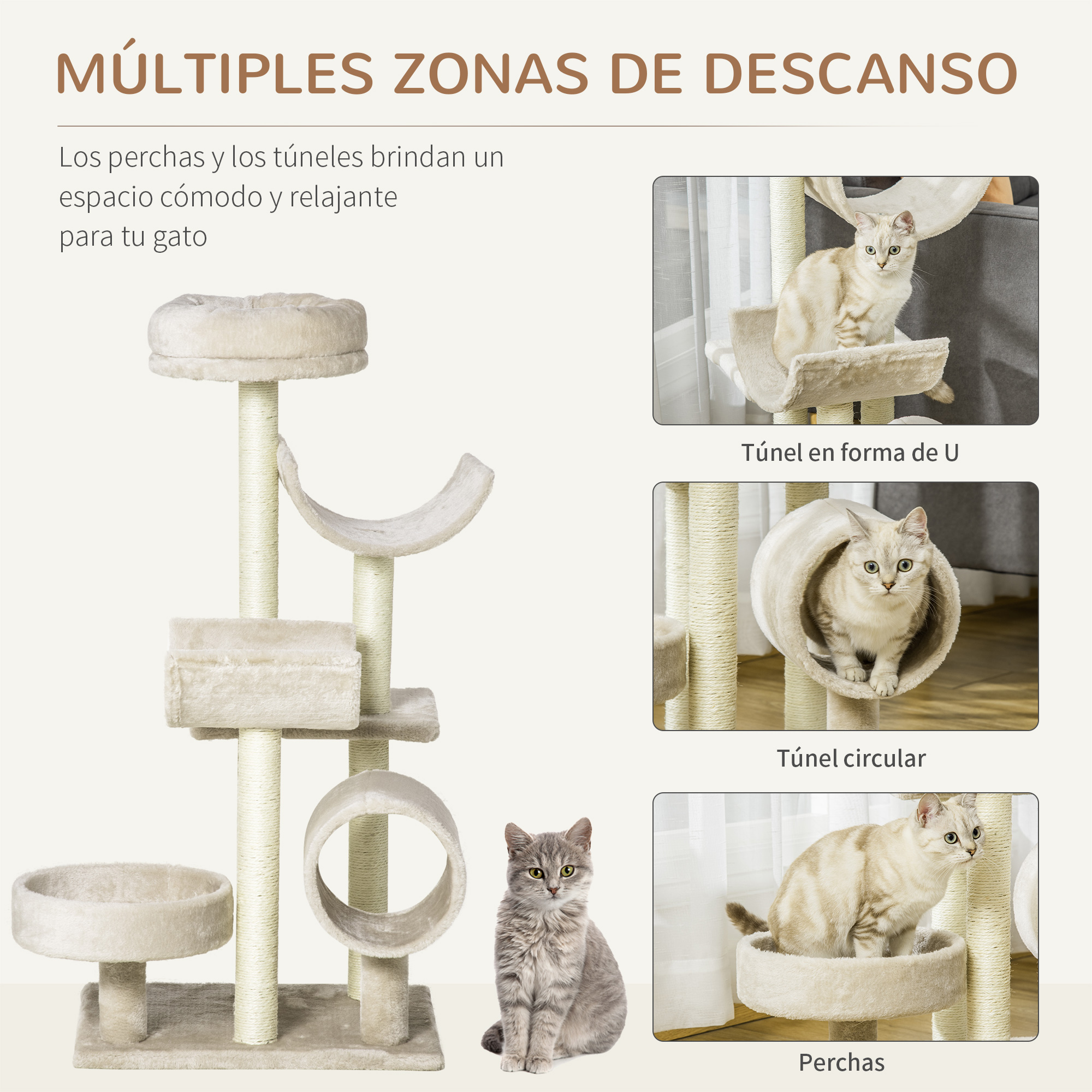 Un árbol para gatos con múltiples plataformas, túneles y un gato sentado abajo.
