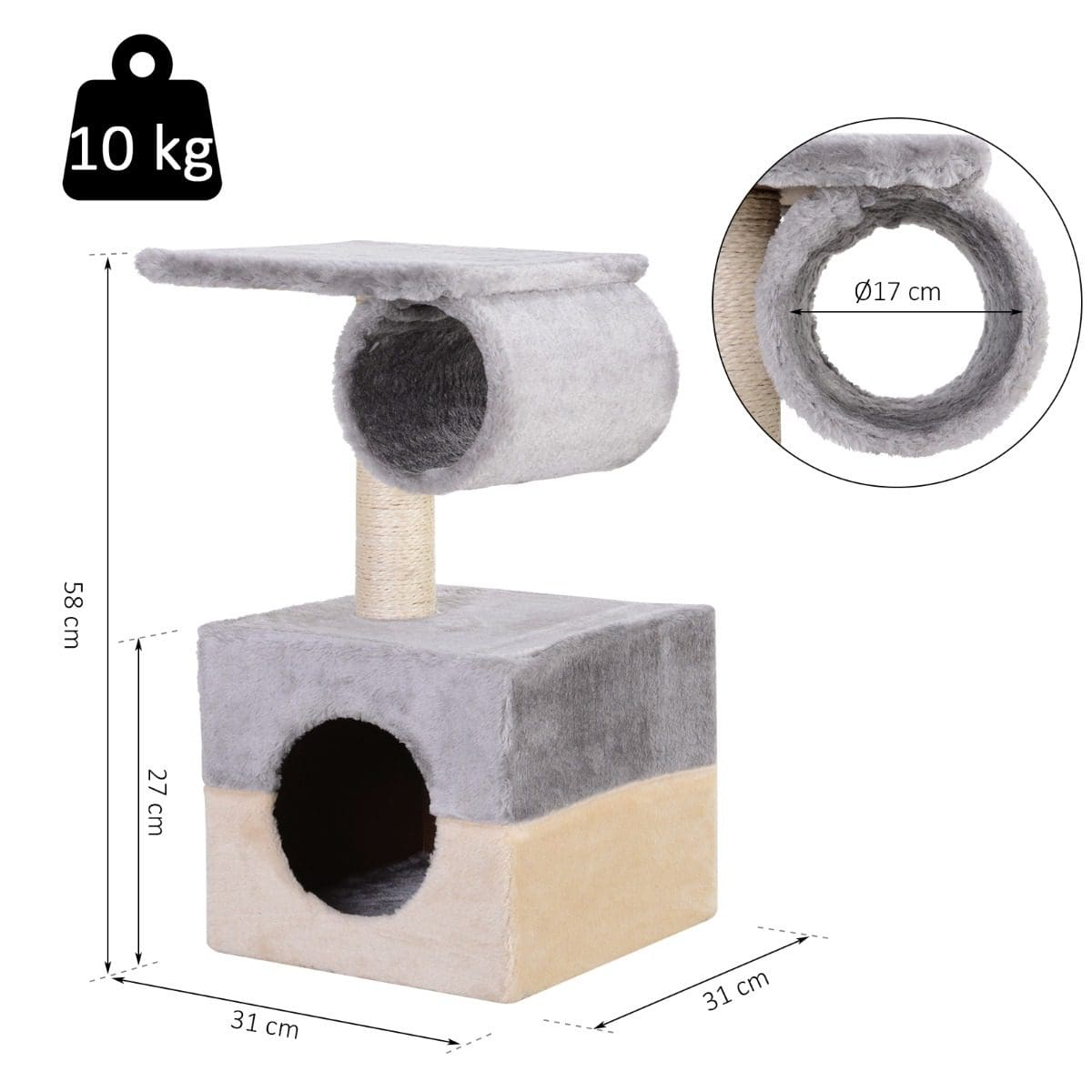 Árbol para gatos con una combinación de colores gris y beige.