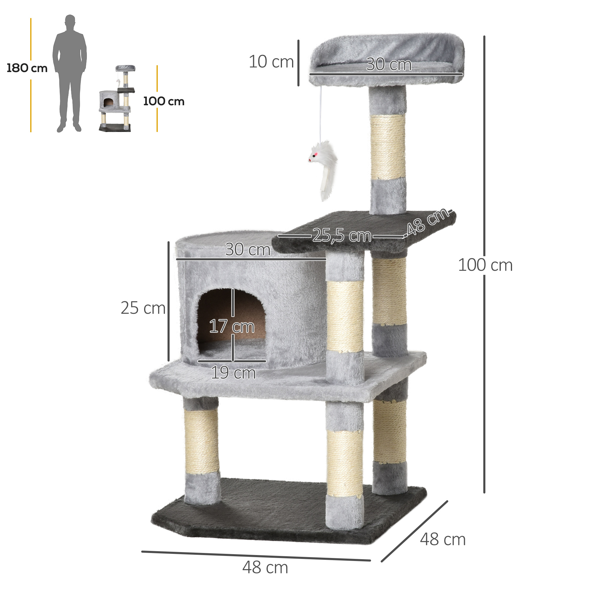 Un árbol para gatos gris de varios niveles con dimensiones. Un contorno de persona sirve de escala.
