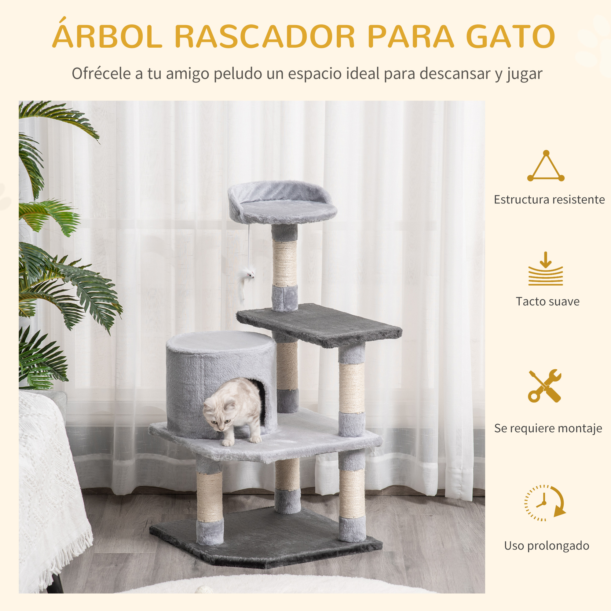 Un árbol para gatos gris con múltiples niveles y postes rascadores. Un gato está en una estructura tipo casa.