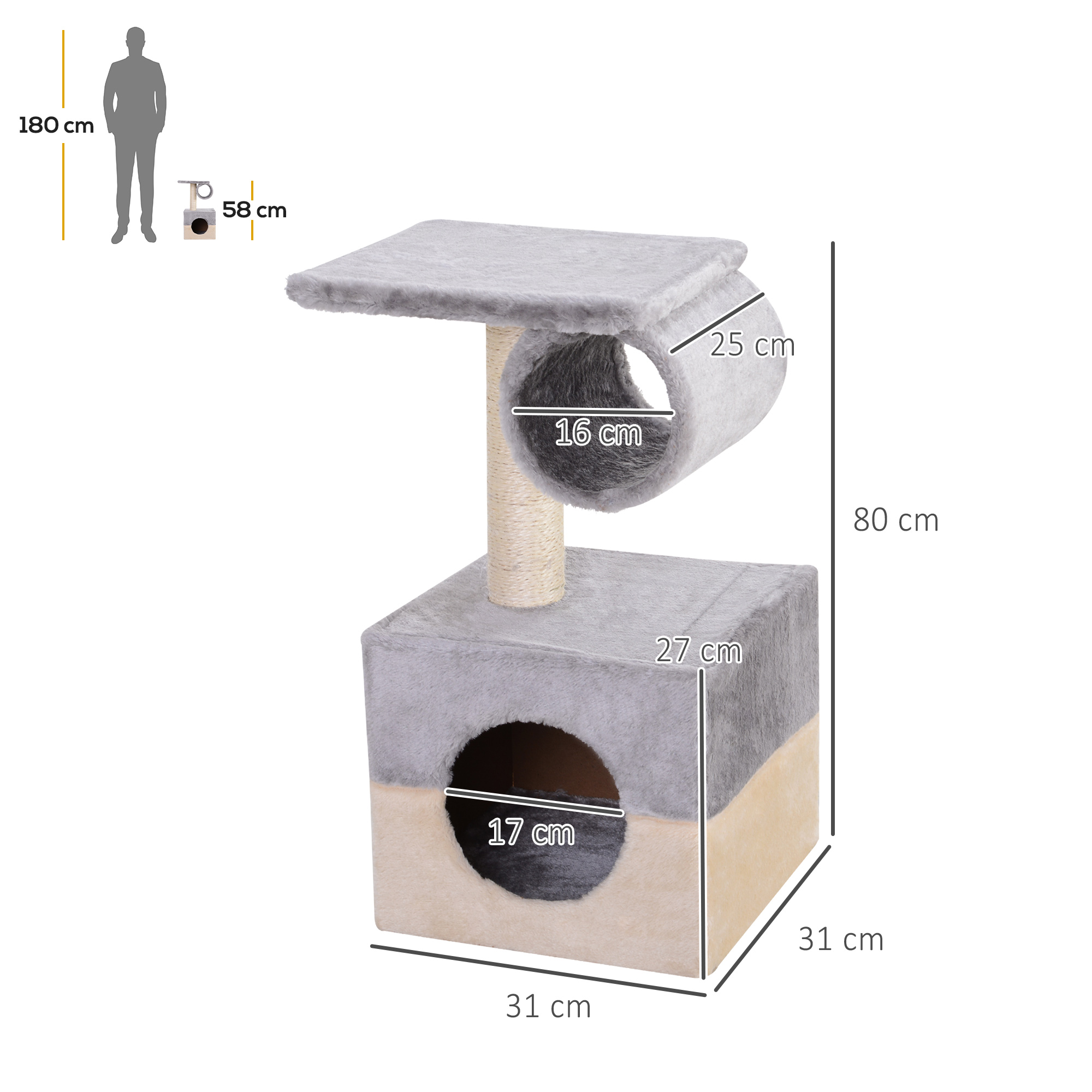 Árbol para gatos gris y beige con túnel, cubo con cueva y dimensiones en cm.