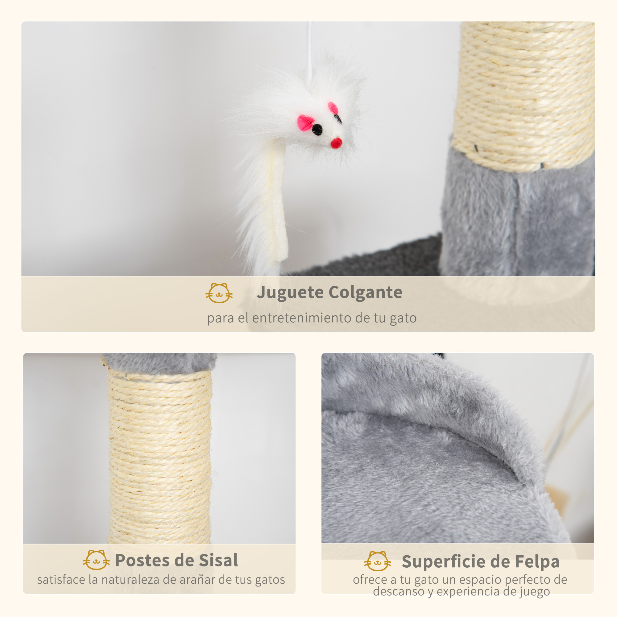 Primer plano de un rascador con un juguete colgante, postes de sisal y una superficie de tela gris suave.