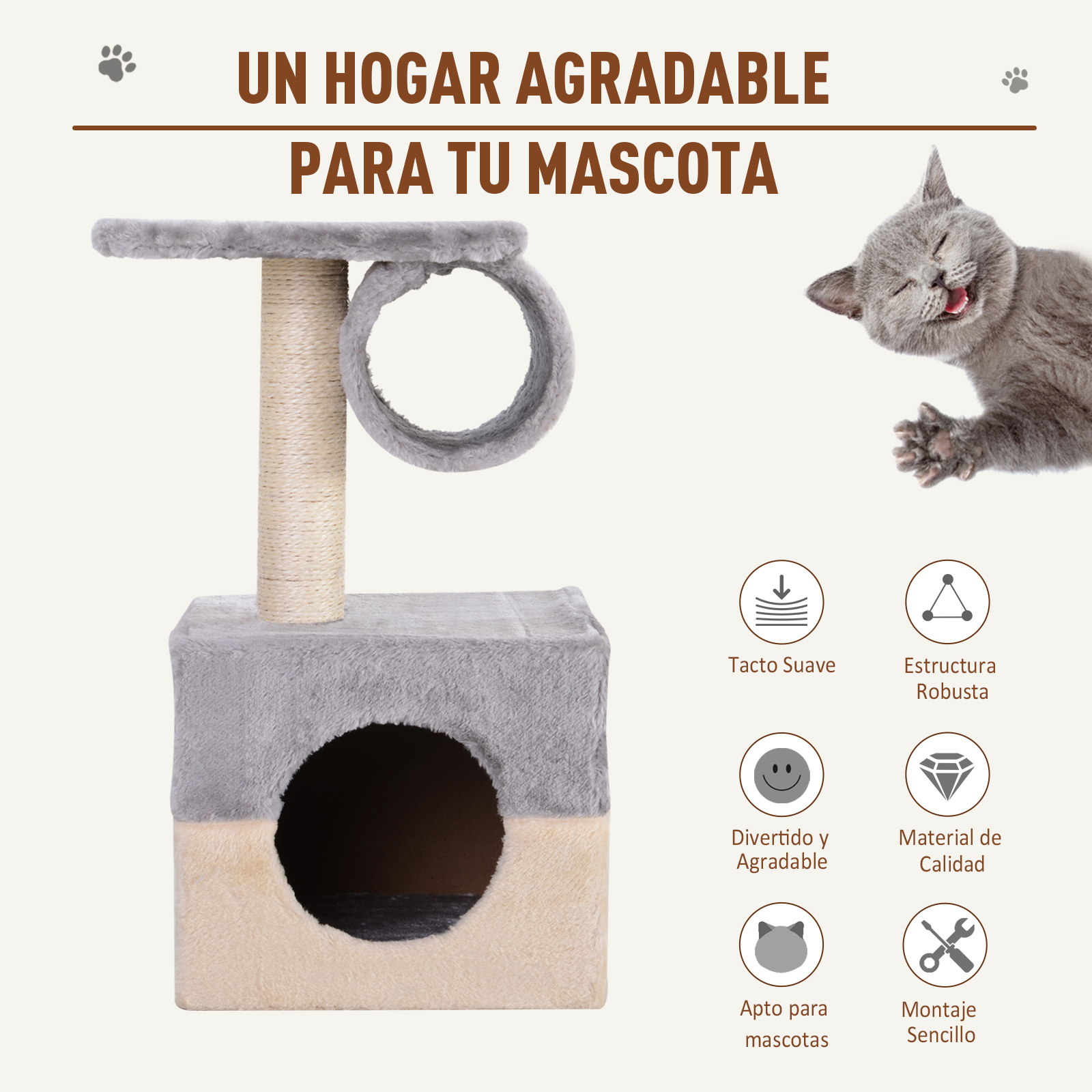 Árbol para gatos con iconos y un gato. Estructura gris y beige, el gato está feliz. Fondo blanco.