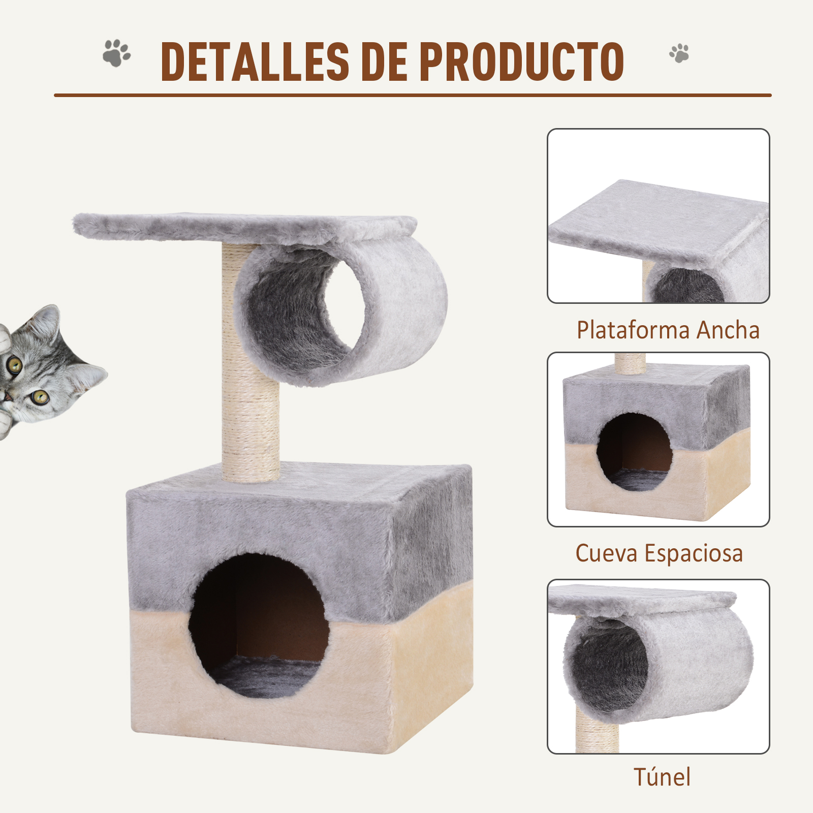 Un árbol para gatos con un túnel, una plataforma y una plataforma ancha. Un gato asoma desde un lado.