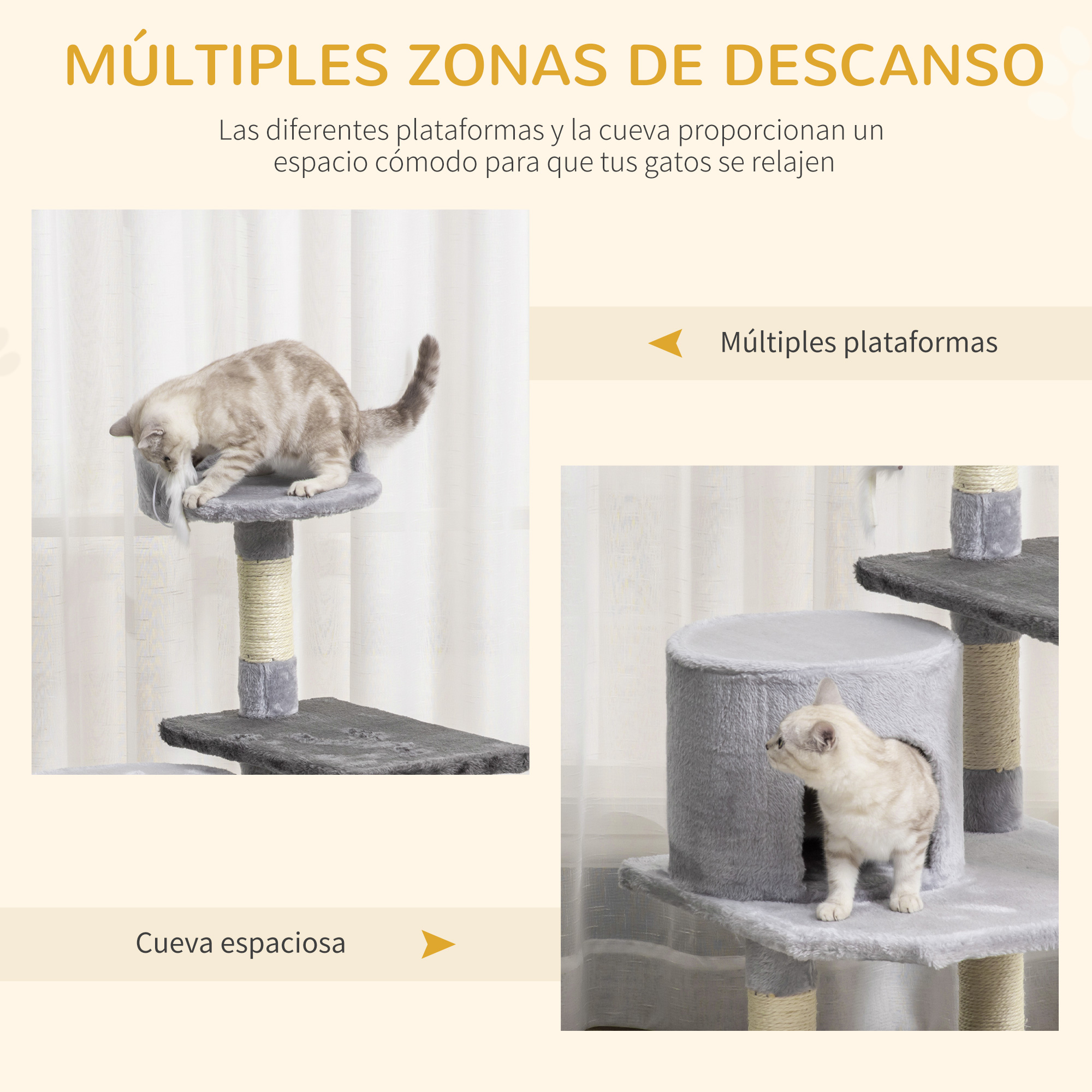 Gato jugando en un árbol para gatos con múltiples áreas de descanso. Un gato está en una cueva espaciosa.
