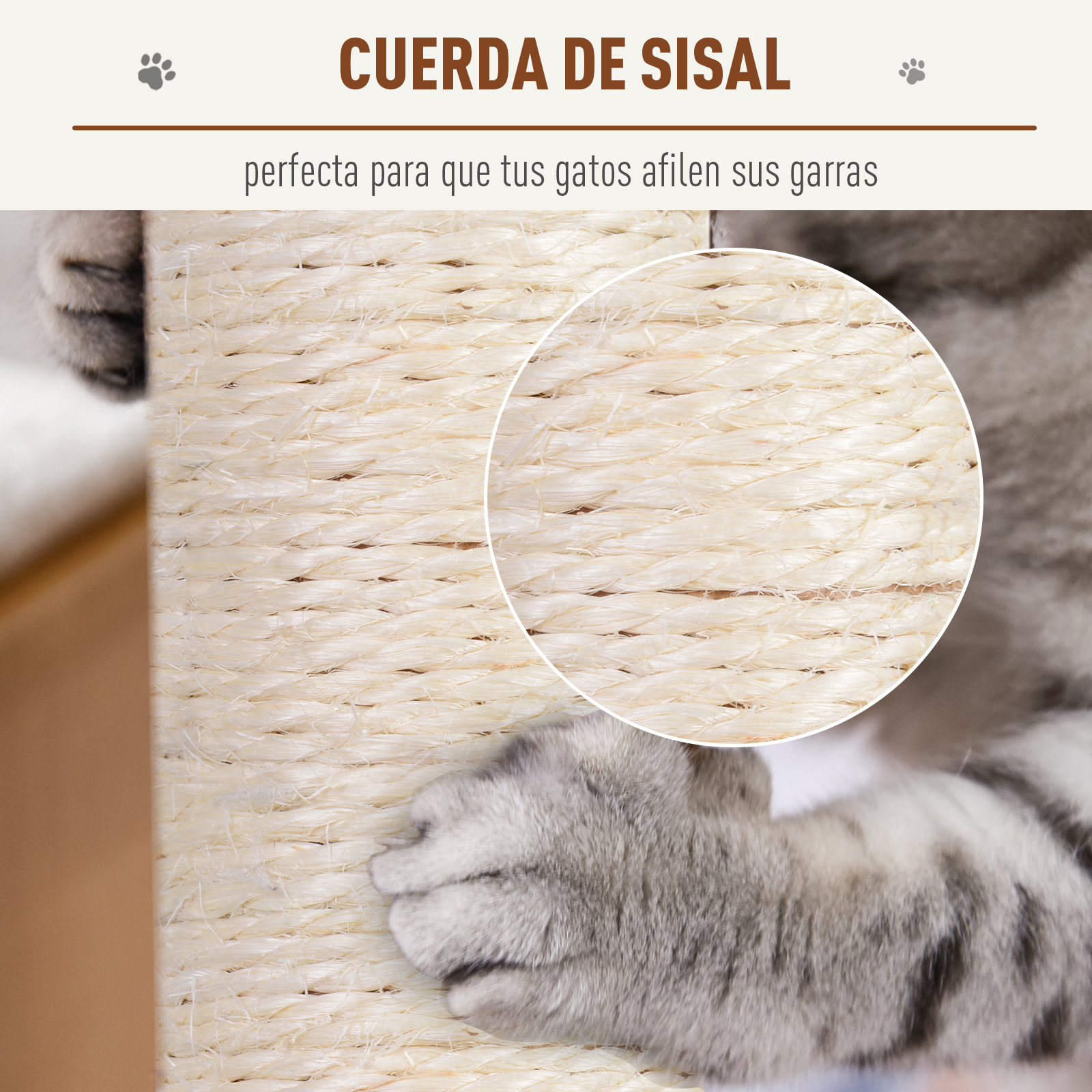 Primer plano de un poste rascador para gatos. La cuerda de sisal se resalta, mostrando la textura. Hay una pata de gato.