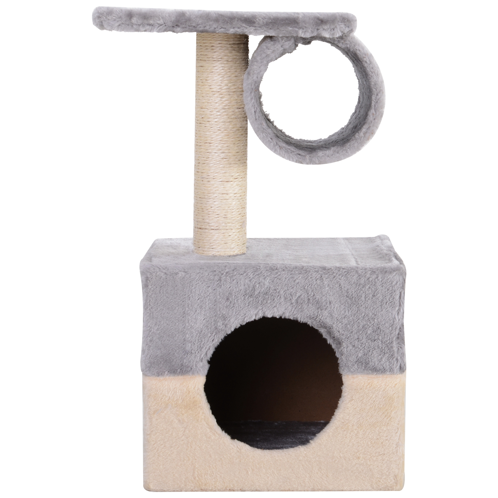 Árbol para gatos gris con abertura circular y plataforma superior.