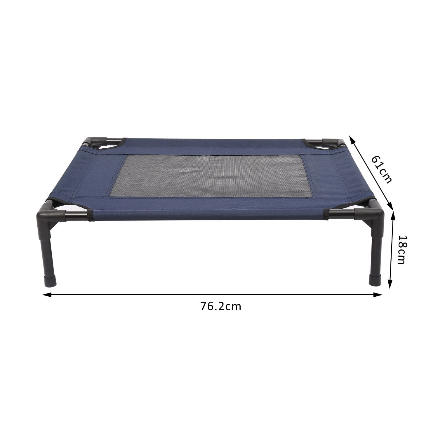 Una cama azul para mascotas con marco negro. Las dimensiones en centímetros se muestran en la imagen.