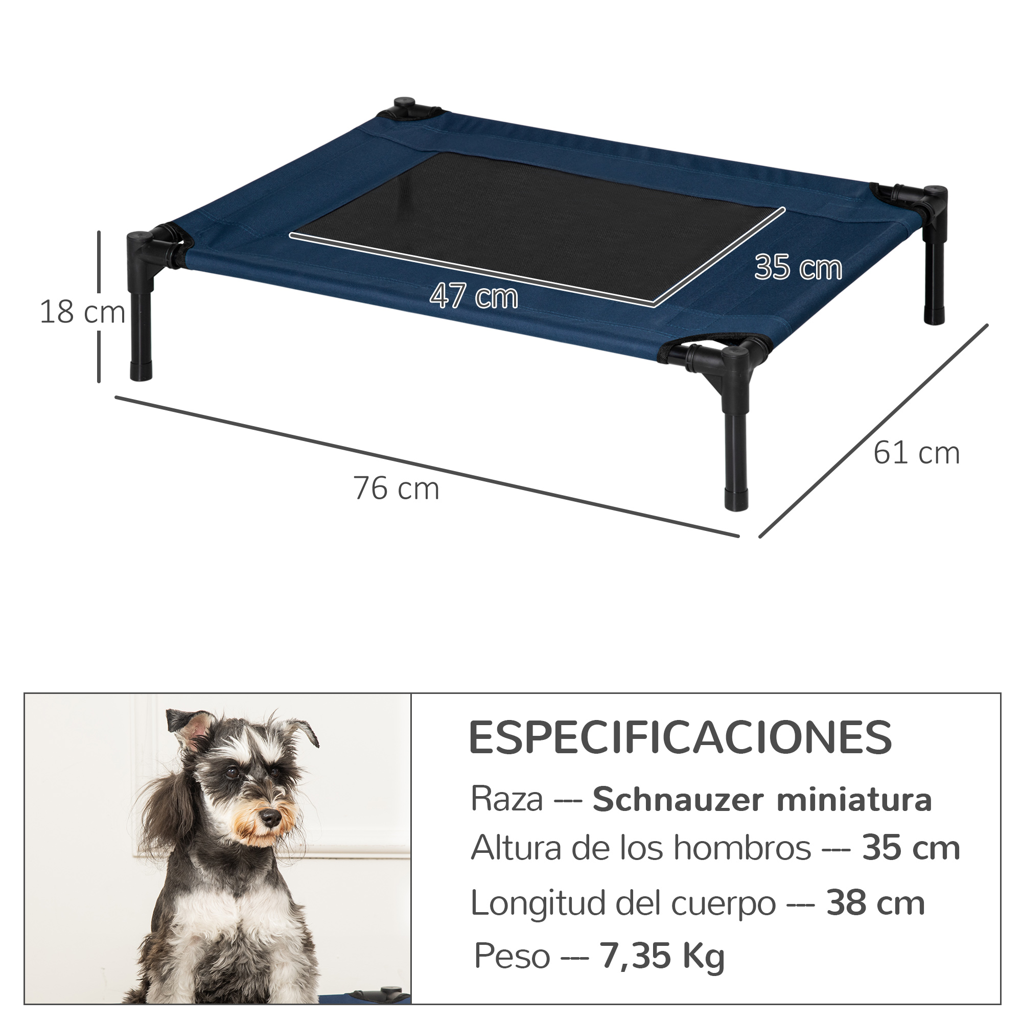 Una cama azul para perros con dimensiones y un perro pequeño. Especificaciones detallan el tamaño del perro.
