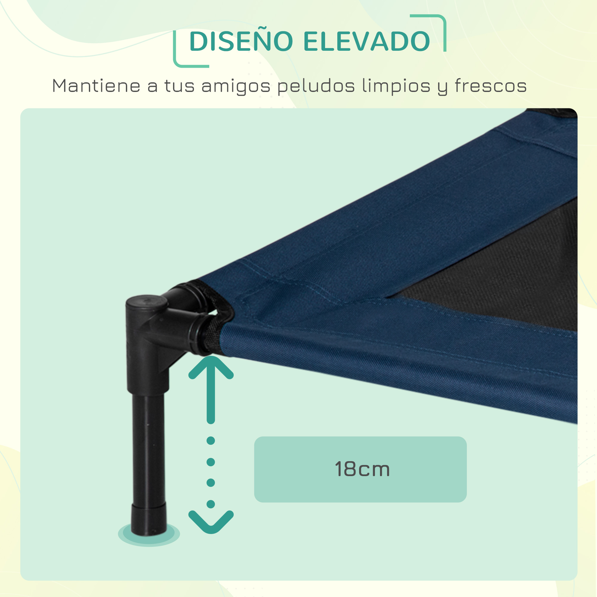 Una cama elevada para perros en un entorno verde claro. Muestra la altura de la cama.