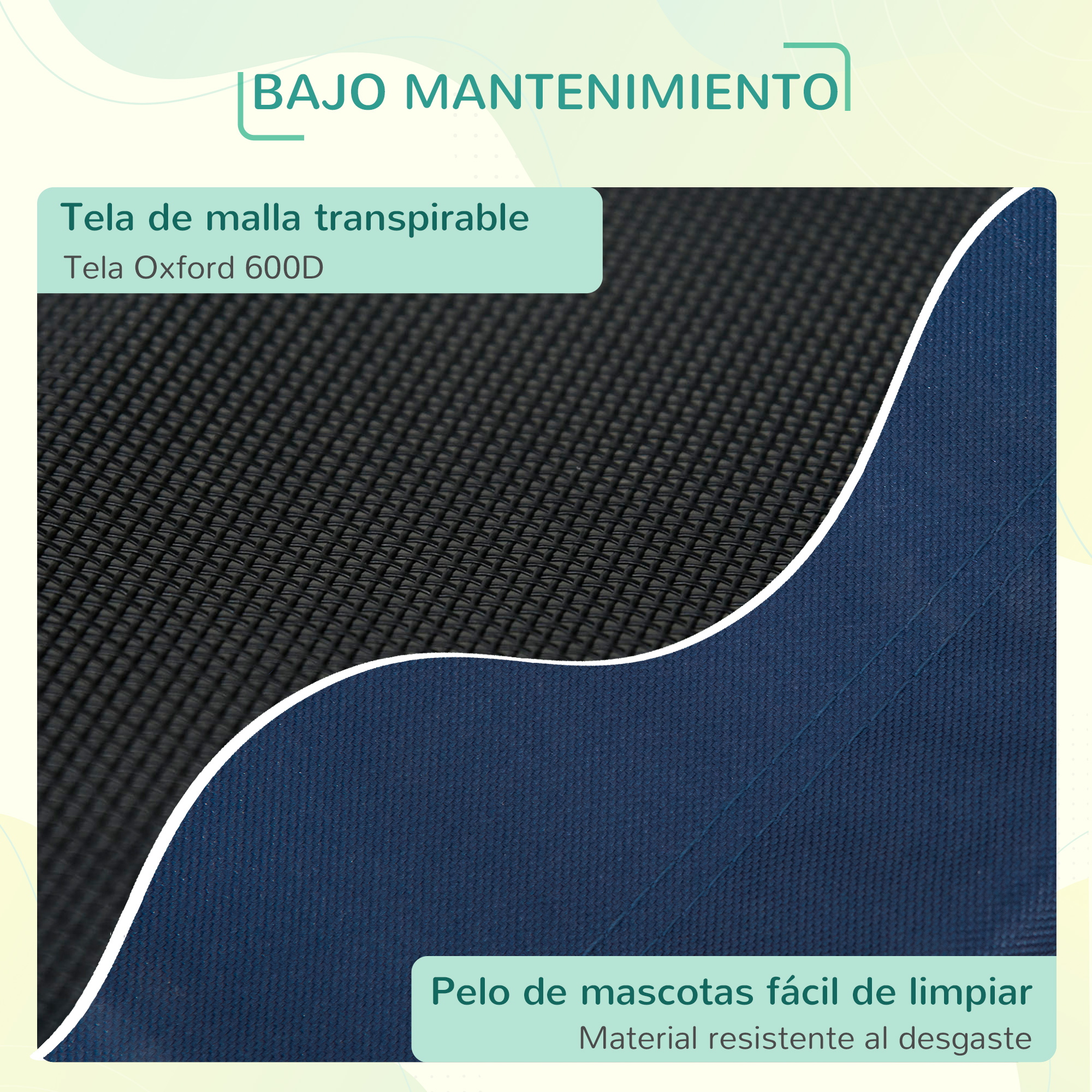 Primer plano de tejido de malla transpirable. El texto dice 'Bajo mantenimiento' y 'Pelo de mascotas fácil de limpiar'.