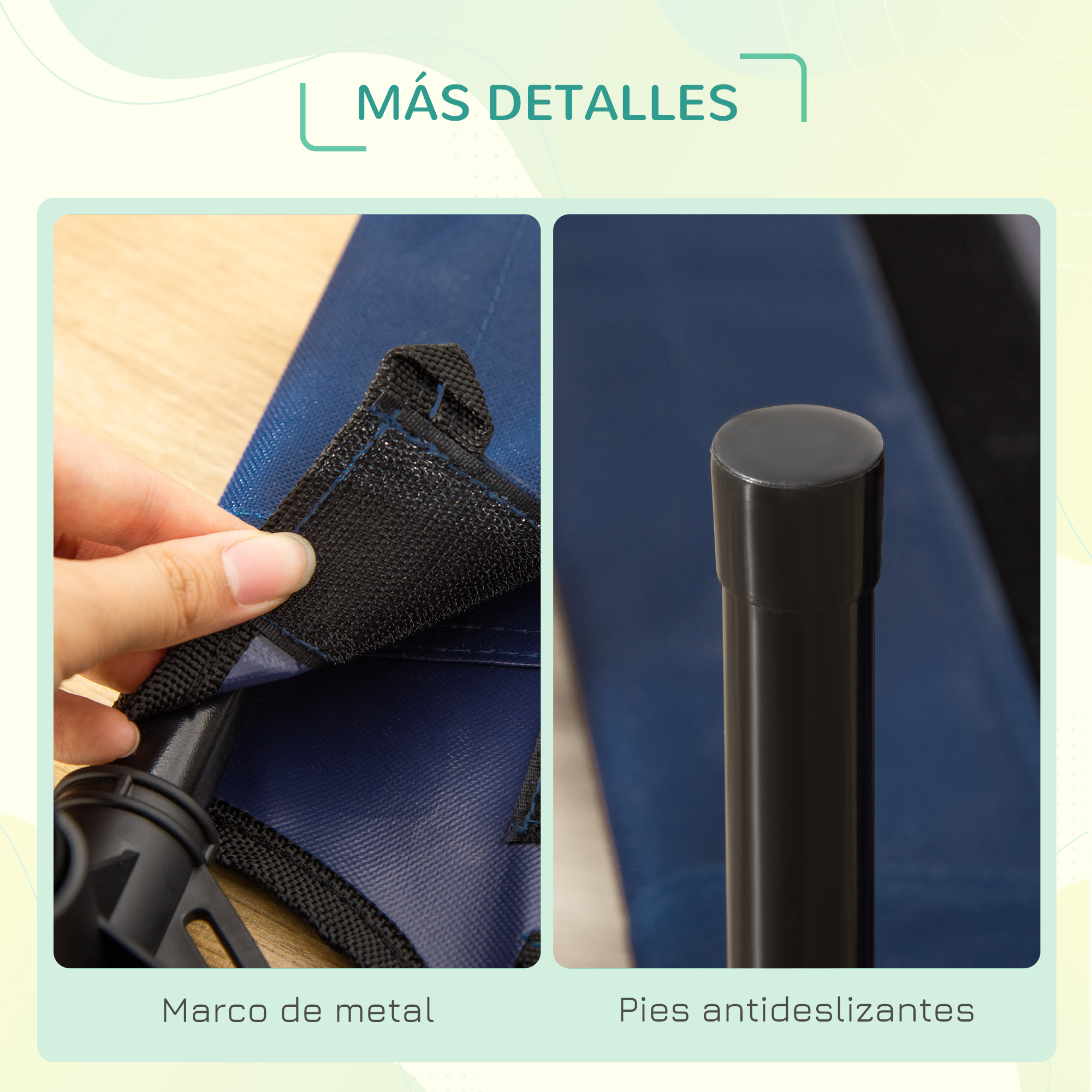 Primer plano de un detalle de tela azul. Tiene marco de metal y pies antideslizantes.