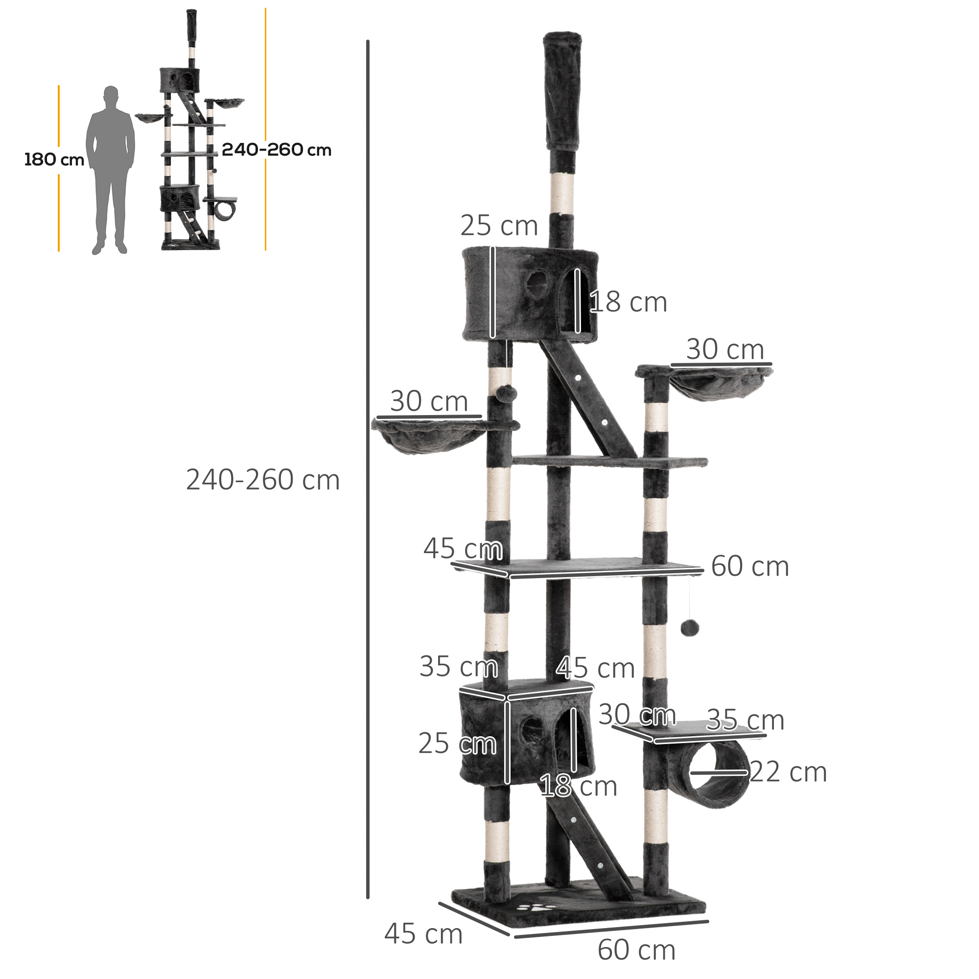 Grande albero per gatti con dimensioni, persona per scala, colore nero e grigio.