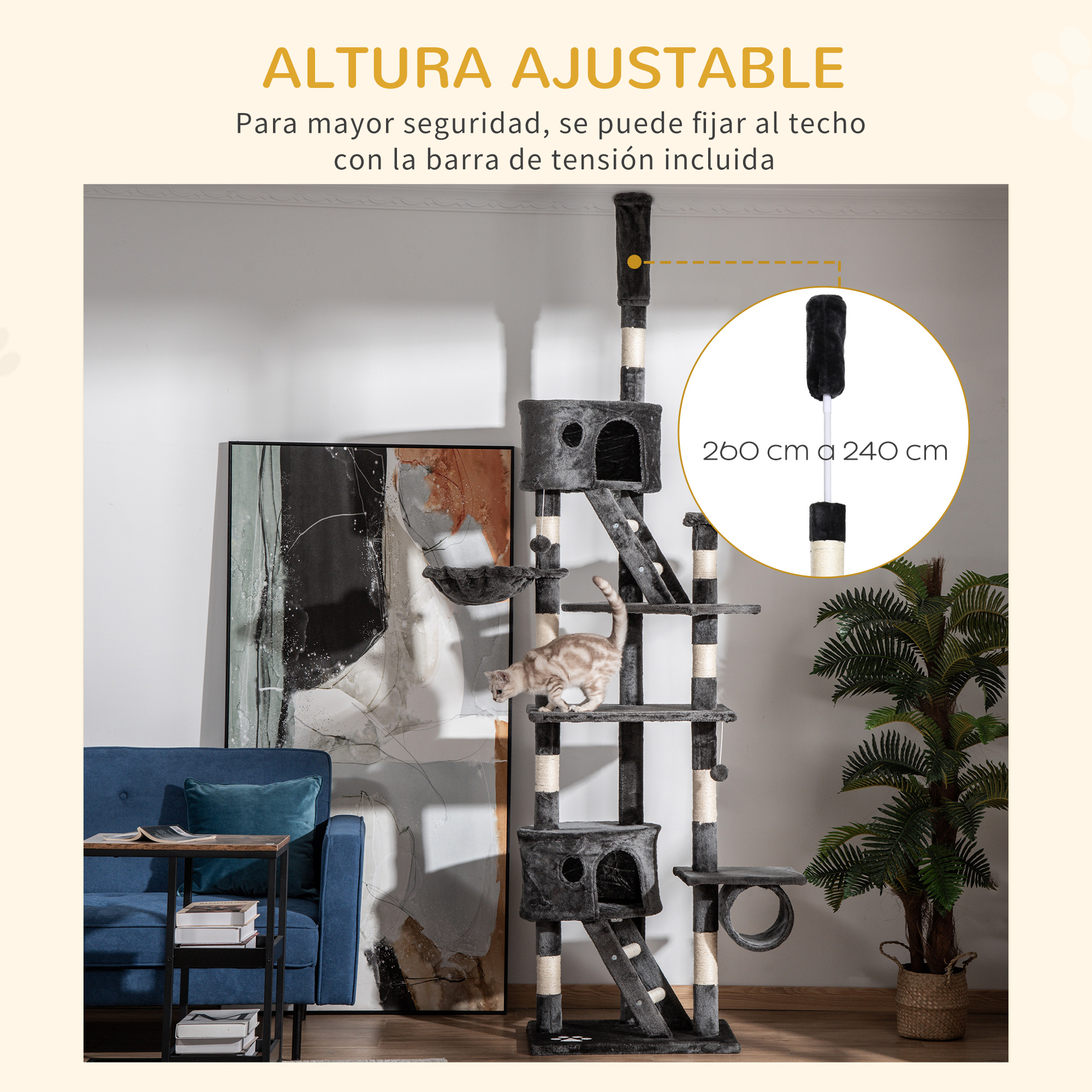 Árbol para gatos con altura ajustable, en una habitación con un gato encima.