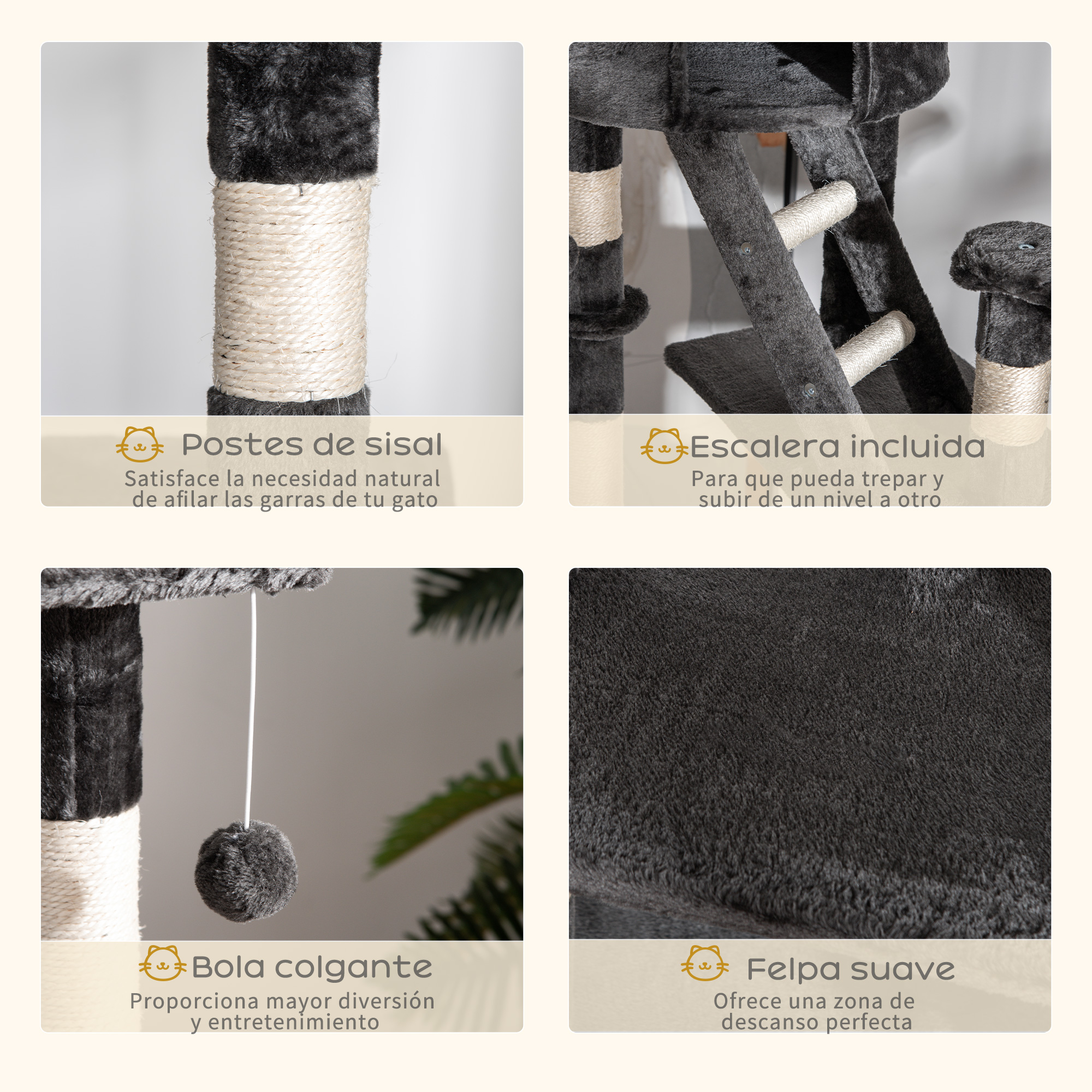 Árbol para gatos con postes de sisal, una escalera, bola colgante y cama de forro polar suave, con imágenes y descripciones de texto.